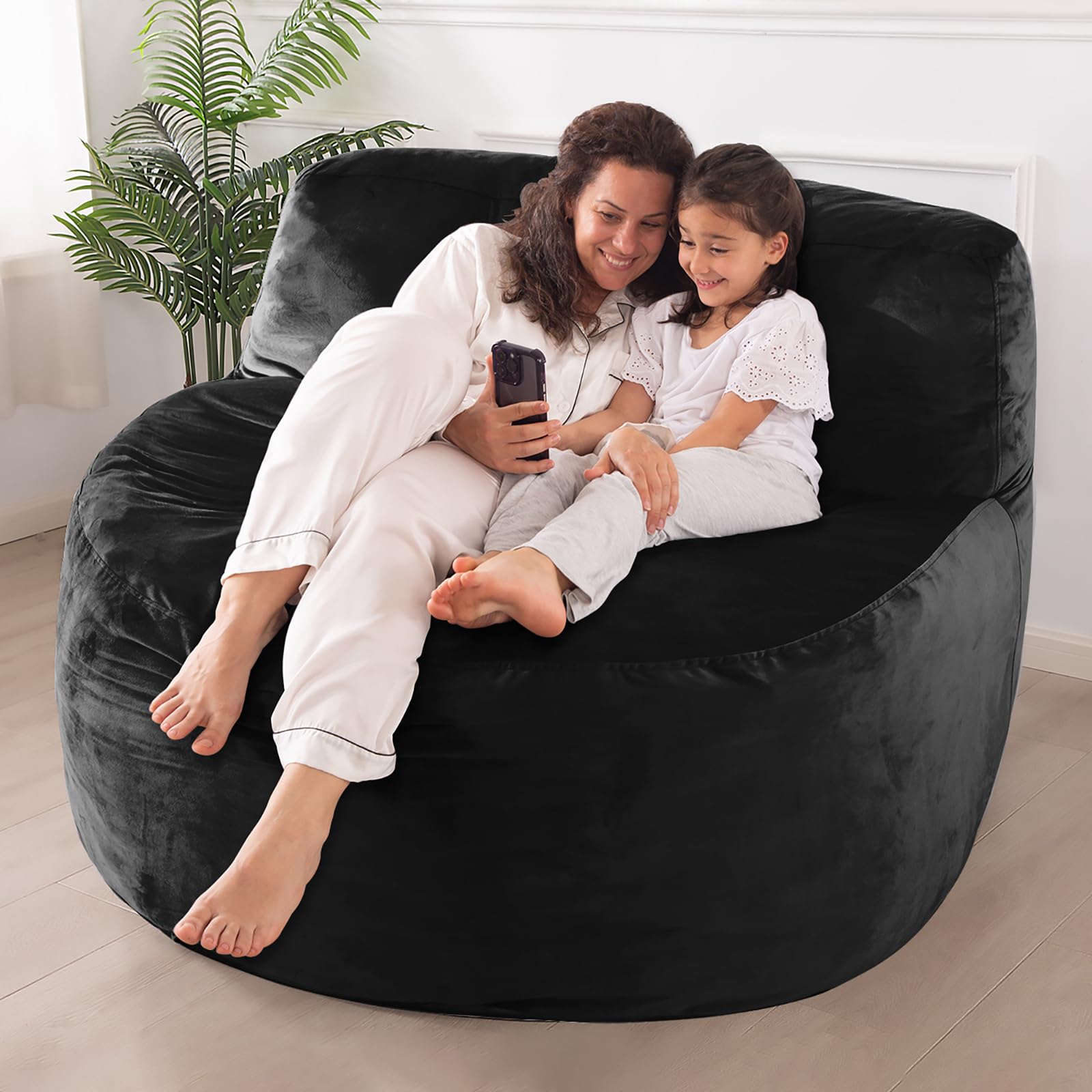 5FT Giant Bean Bag Chair with Memory Foam Filling - Dutch Velvet Cover for Adults, Kids & Teens - Large Black Beanbag Sofa with Back Support - Perfect for Living Room, Game Room & Dorm Relaxation