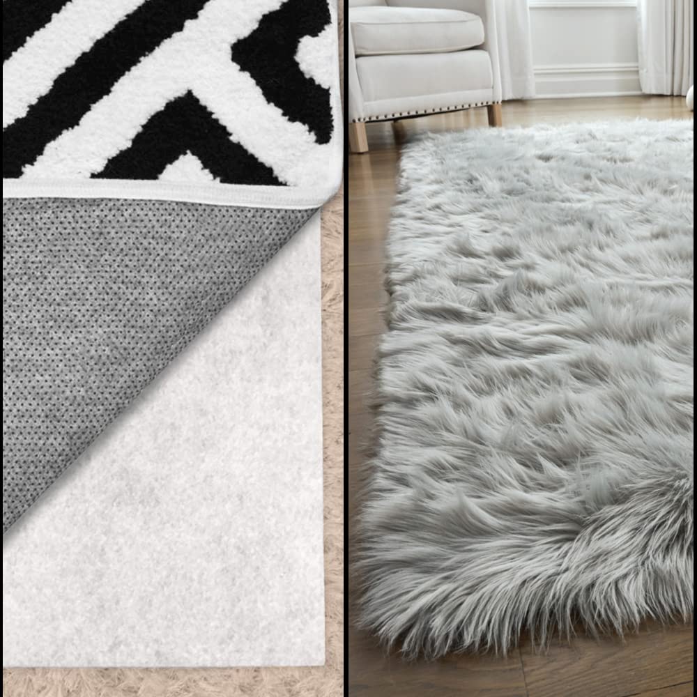 Gorilla Grip 4x6 Carpet Rug Pad & Fluffy Faux Fur Area Rug Set - Non Slip Rug Underlay for Carpeted Floors, Soft Light Gray Shaggy Rug with Cushioned Gripper - Perfect for Living Room, Bedroom & Nursery Decor (2-Piece Bundle)