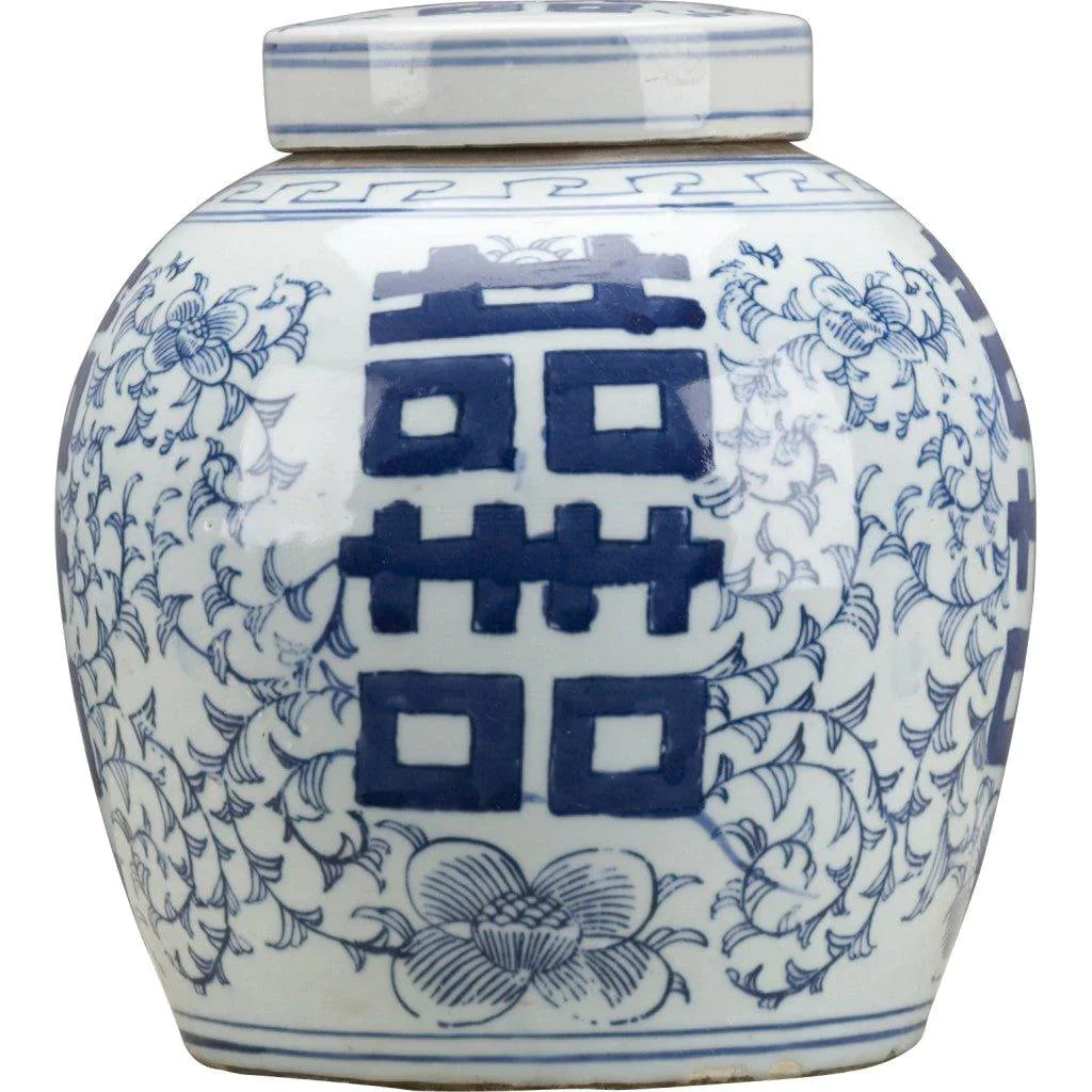 Blue and White Double Happiness Lidded Jar - Chinese Wedding Ceramic Tea Canister, Home Decor & Gift for Couples - Perfect for Wedding Favors, Anniversary Gifts & Boho Home Decor