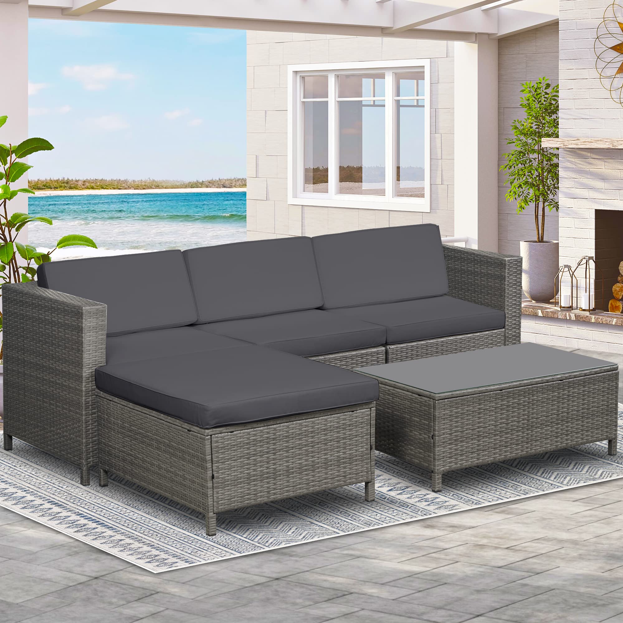 Green4ever 5-Piece All-Weather Outdoor Patio Furniture Set - Gray PE Wicker Rattan Sectional Sofa with Glass Coffee Table & Dark Gray Removable Cushions | Perfect for Backyard, Garden, Poolside & Deck Relaxation