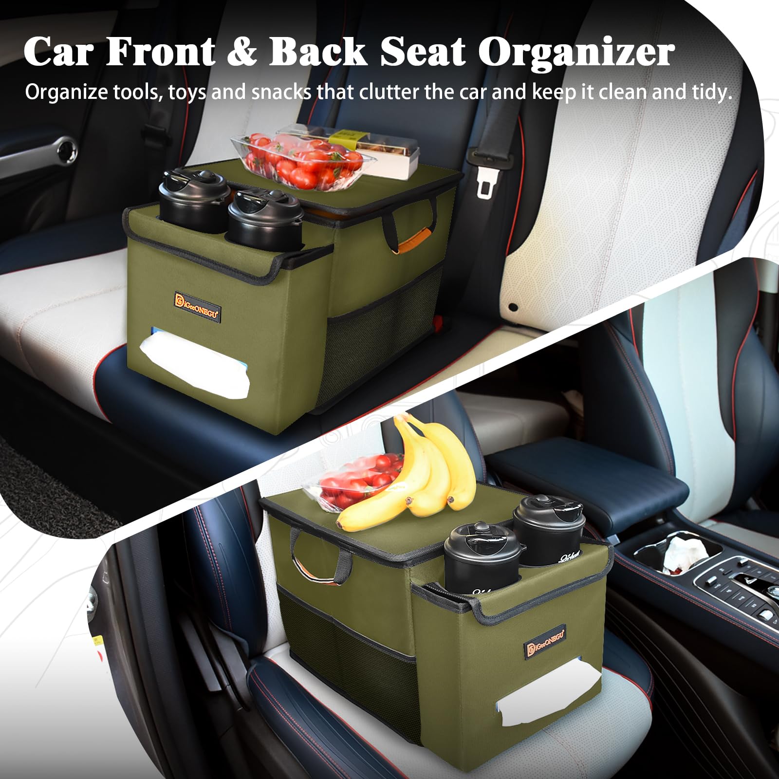 Car Seat Organizer with Cooler Compartment & Cup Holder - Front & Back Seat Storage for Kids - Travel Organizer with Lid, Tissue Holder for Road Trips & Family Vacations - Olive Green