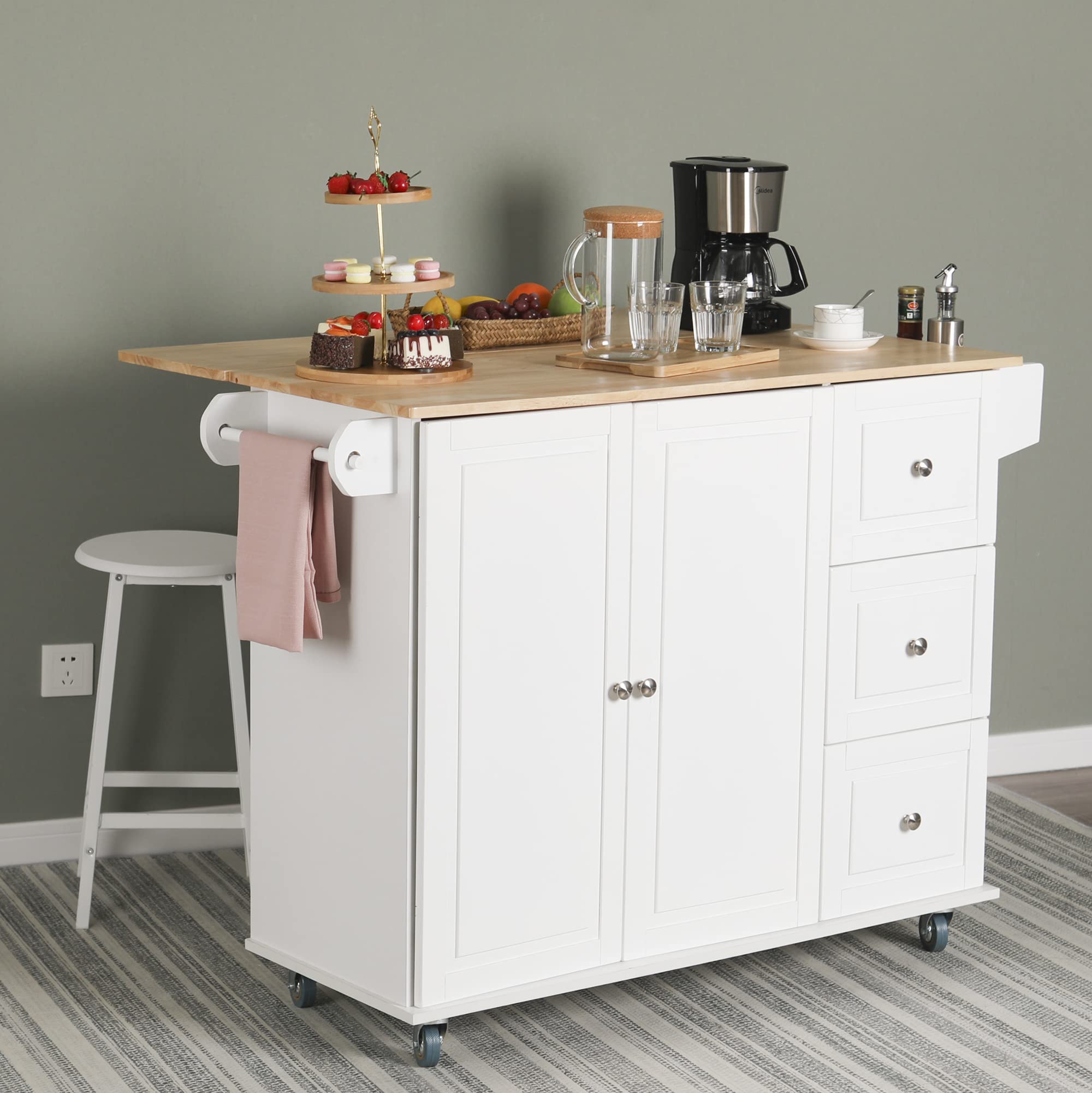 Portable Kitchen Island Cart on Wheels with Drop Leaf, Spice Rack, Towel Holder & Drawers - White | Rolling Kitchen Storage Cabinet for Small Spaces, Apartments & Mobile Cooking Stations