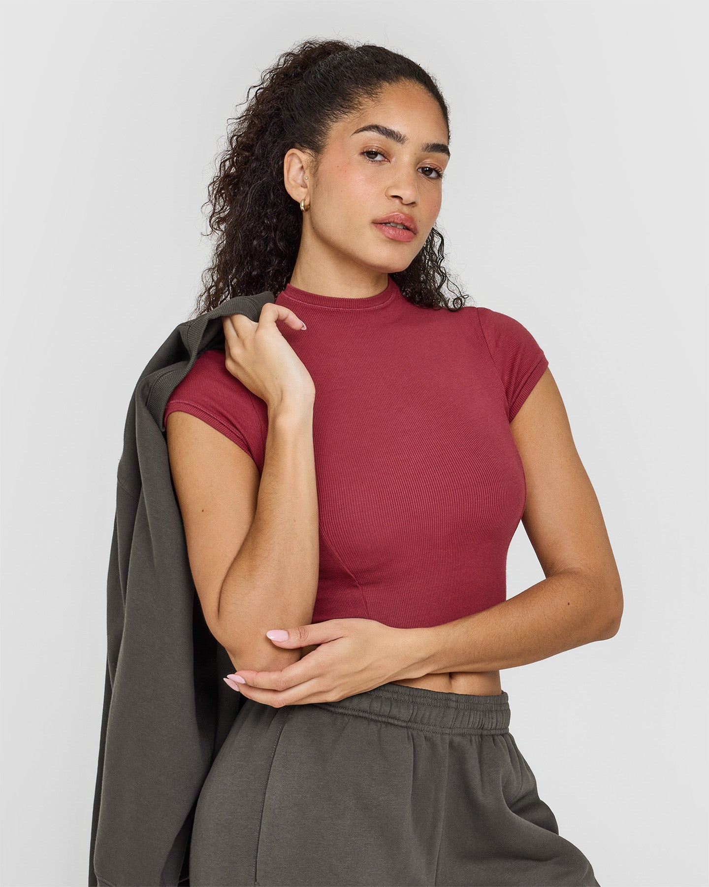 Mellow™ Rib Mid Mock Neck T-Shirt for Women - Soft Stretch Comfort Fit in Burnt Cherry | Casual Wear, Layering, Everyday Outfits