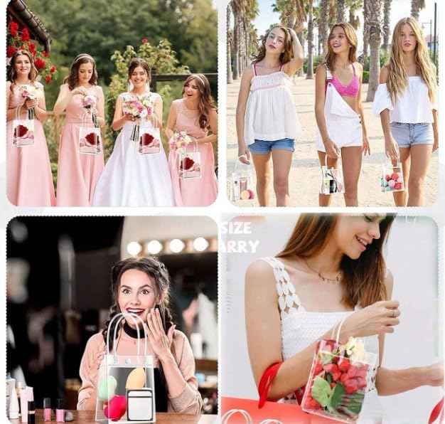 6 Pack Small Clear Plastic Gift Bags with Handles - 18cm Transparent Goodie Bags for Valentine's Day, Party Favors, Wedding Favors, Birthday Treats & Retail Shopping