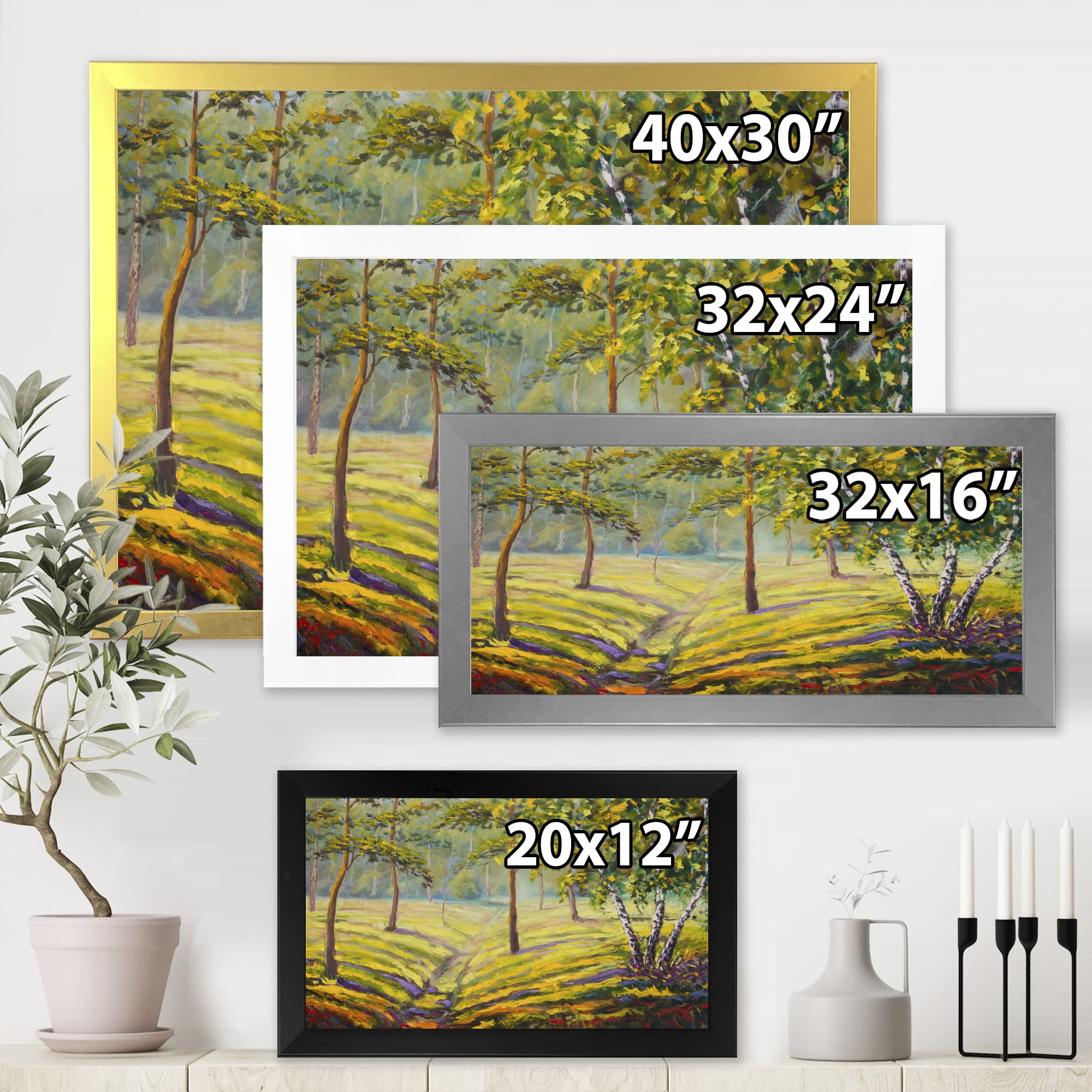 Pine Trees and Bushes In The Forest II Framed Wall Art - Nature Landscape Painting for Living Room, Bedroom & Office Decor