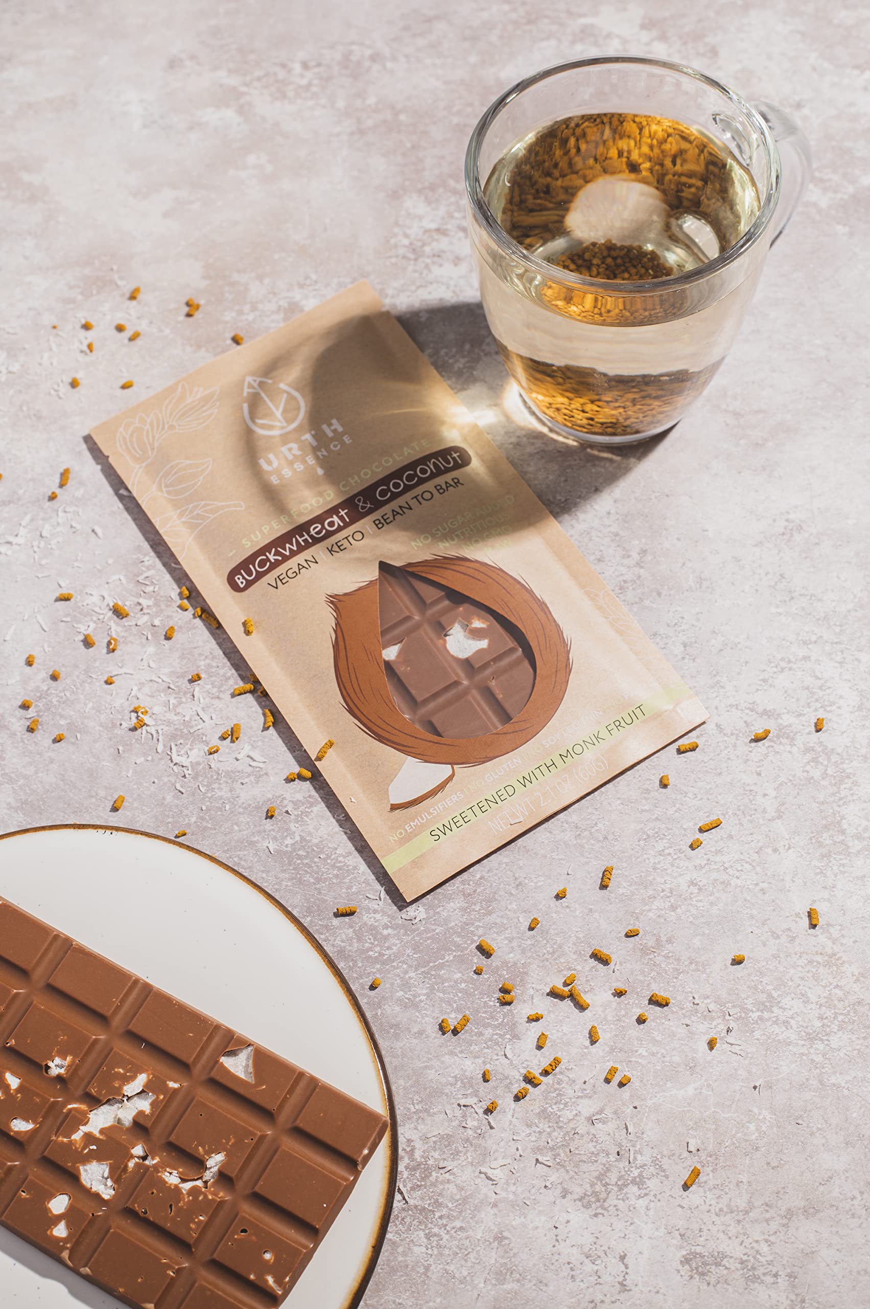Organic Vegan Chocolate Bars - Sugar Free, Keto Friendly, Dairy Free & Gluten Free Healthy Snacks | Urth Essence Keto Chocolate with Coconut Buckwheat | Perfect for Vegan Gifts, Low-Carb Diet & Healthy Lifestyle