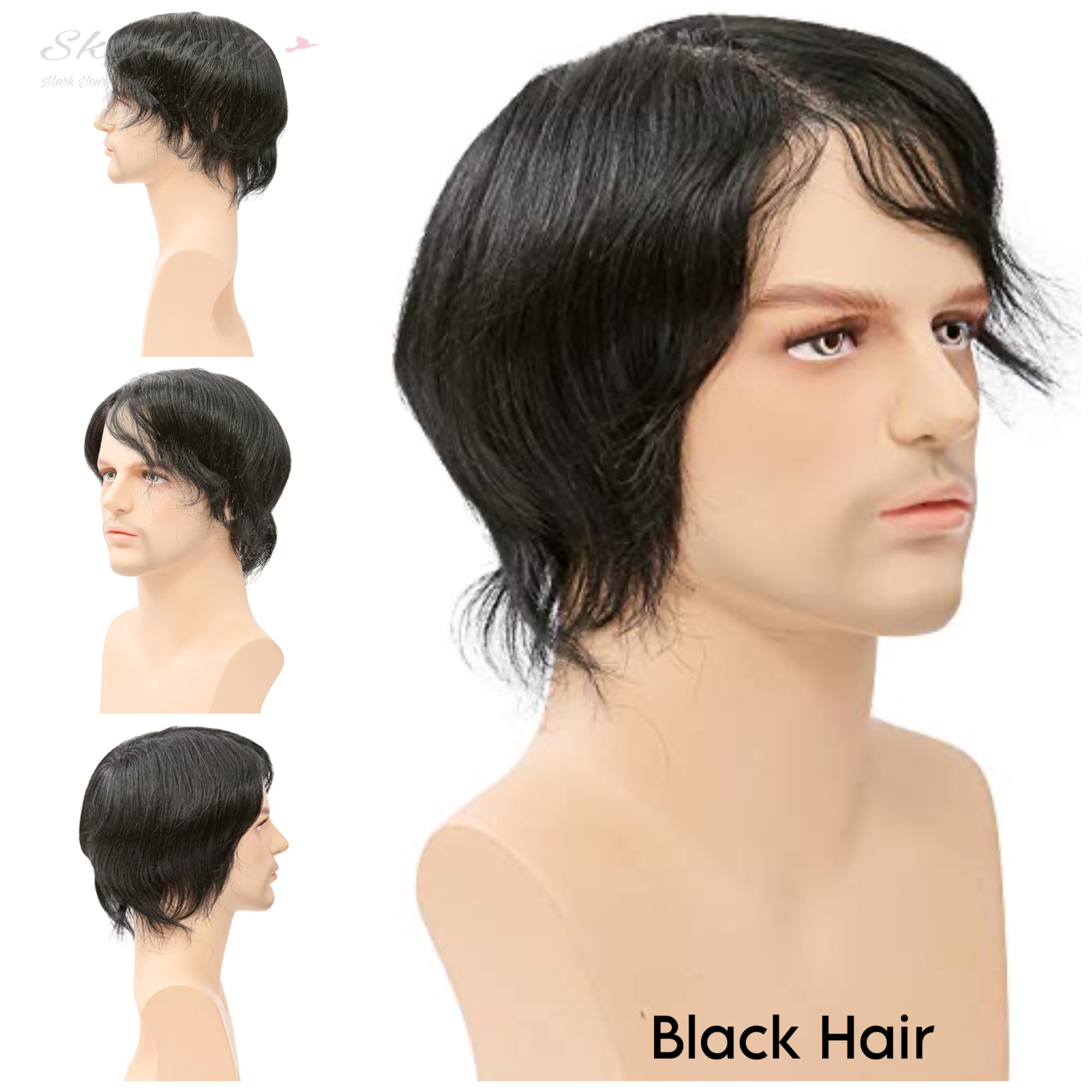 SkyHair SUPER MONO Men's Hair Patch - 100% Human Hair Toupee for Men | Durable Hair Replacement System with Clips, Glue & Tape (11x9 Inch, Natural Black) | Perfect for Thinning Hair, Bald Spots & Hair Loss Solutions