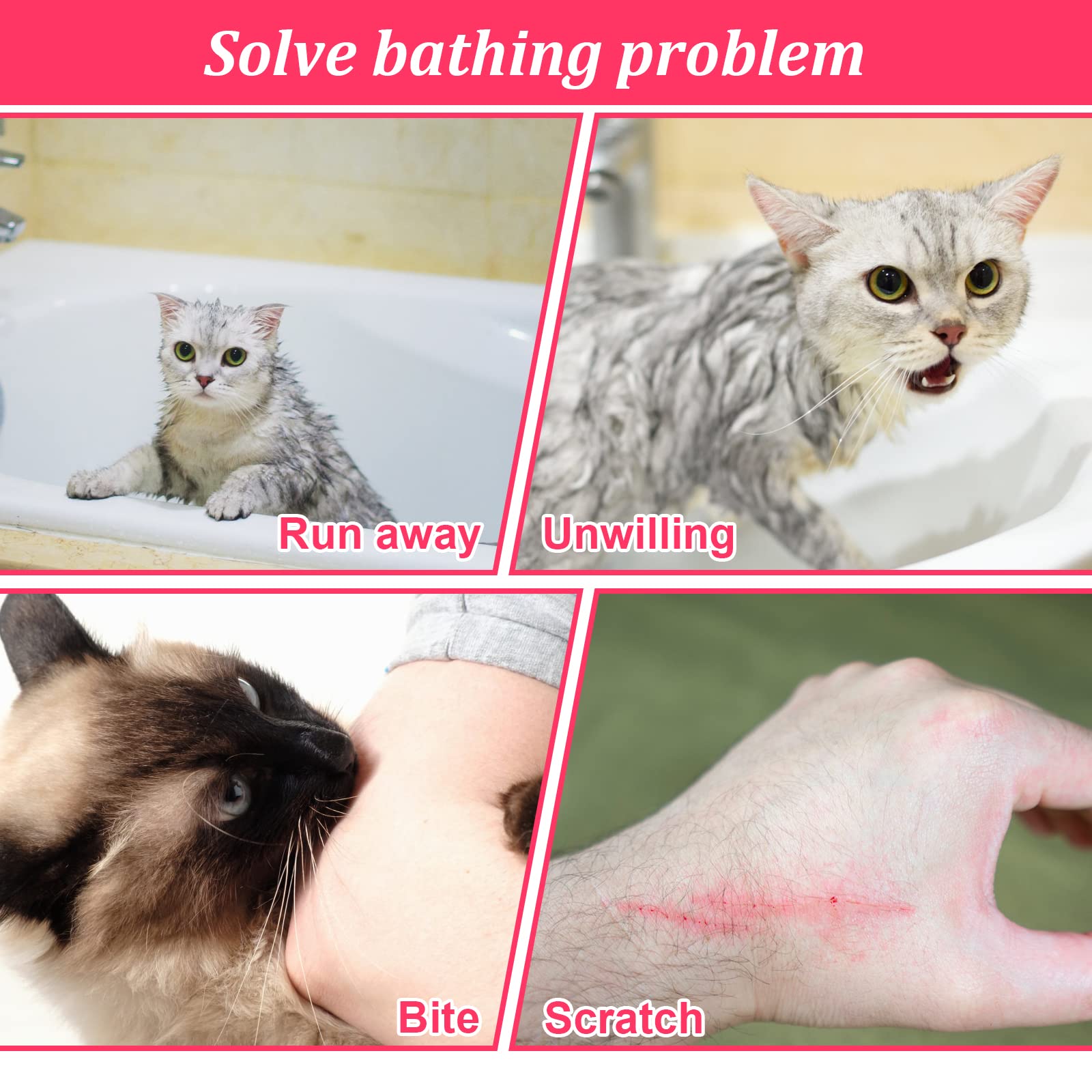**Breathable Mesh Cat Bathing Bag - Adjustable Anti-Scratch Cat Shower Grooming Bag for Nail Trimming & Washing - Soft Polyester Pet Grooming Accessories (White-Pink) - Perfect for Stress-Free Cat Bathing & Vet Visits**