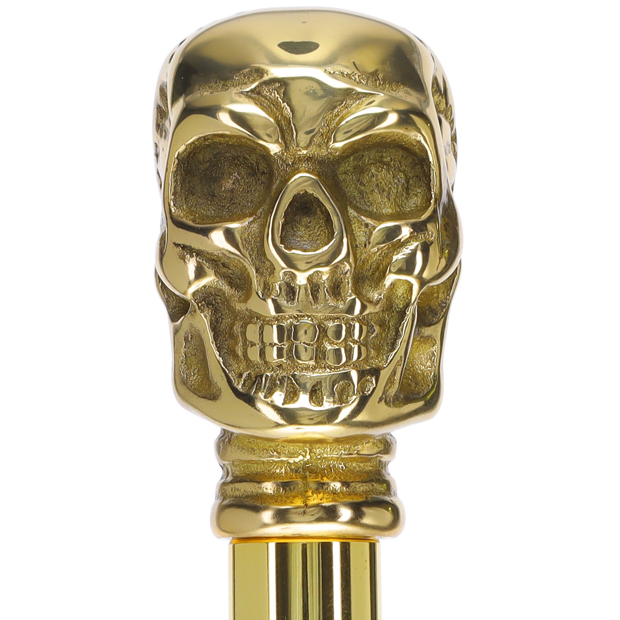 Scratch and Dent Brass Skull Handle Walking Cane - Black Beechwood Shaft with Aluminum Gold Collar (V2148) - Gothic Fashion Accessory & Mobility Aid for Halloween, Cosplay, and Everyday Use