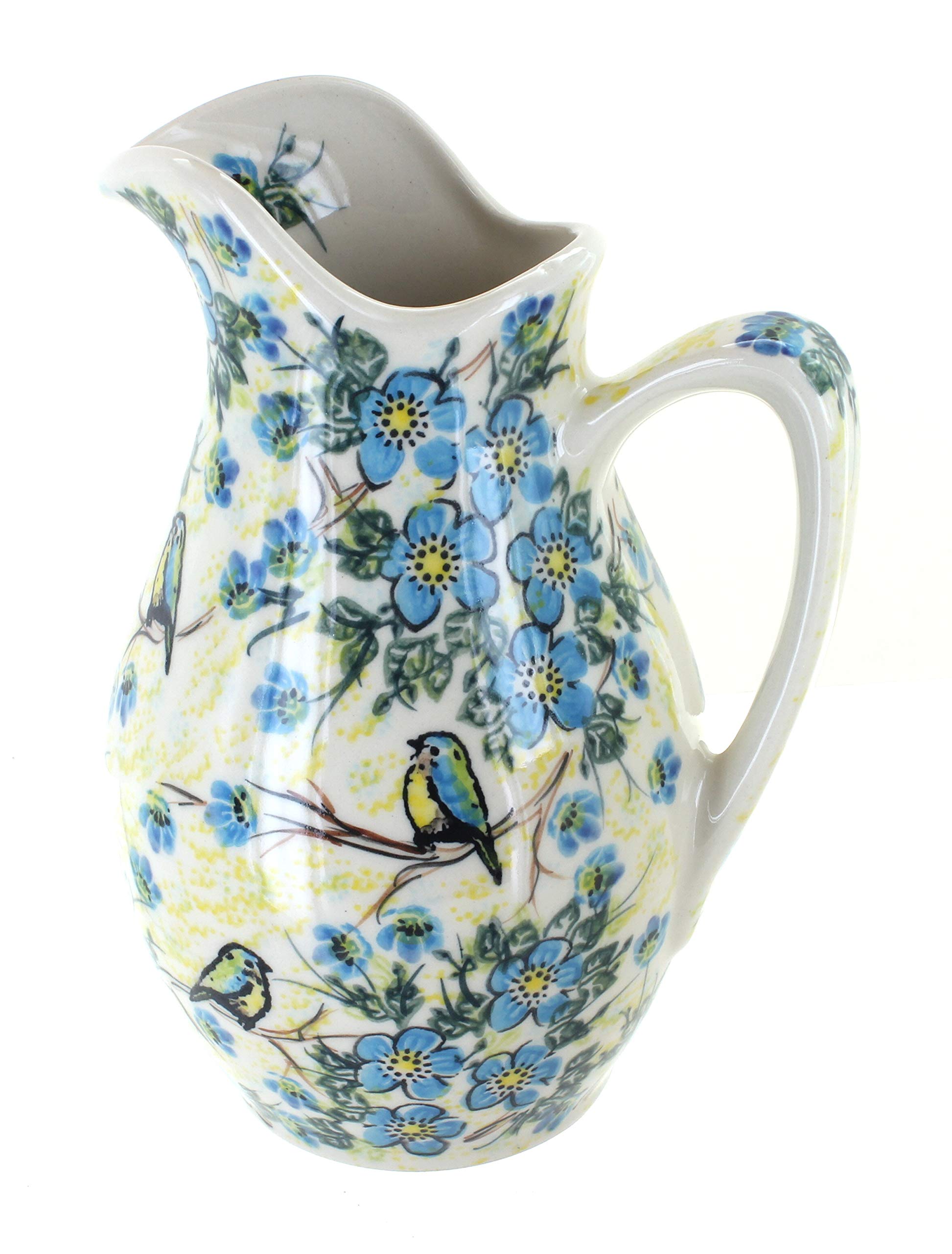 Handmade Blue Rose Polish Pottery Bluebird Garden Pitcher - Vintage Ceramic Water Pitcher for Home Decor, Outdoor Garden, and Tea Serving