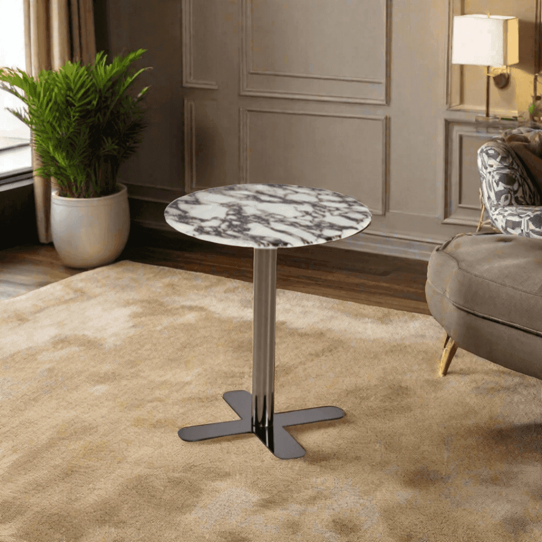 Gaia Cultured Marble Side Table with Dark Grey Base - Modern End Table for Living Room, Bedroom & Office Decor