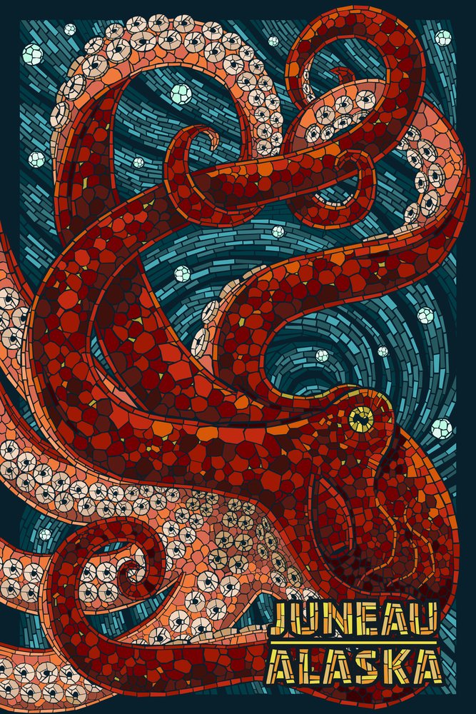 Juneau Alaska Octopus Mosaic Wall Art - 16x24 Inch Gallery Quality Metal Print, Durable Aluminum Decor for Living Room, Bedroom & Office