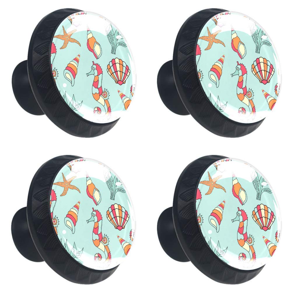 Vibrant Crystal Glass Dresser Drawer Knobs - Seahorse & Starfish Shell Design - 4-Piece Set for Kitchen Cabinets, Cupboards & Furniture - Perfect for Coastal Home Decor & Office Organization