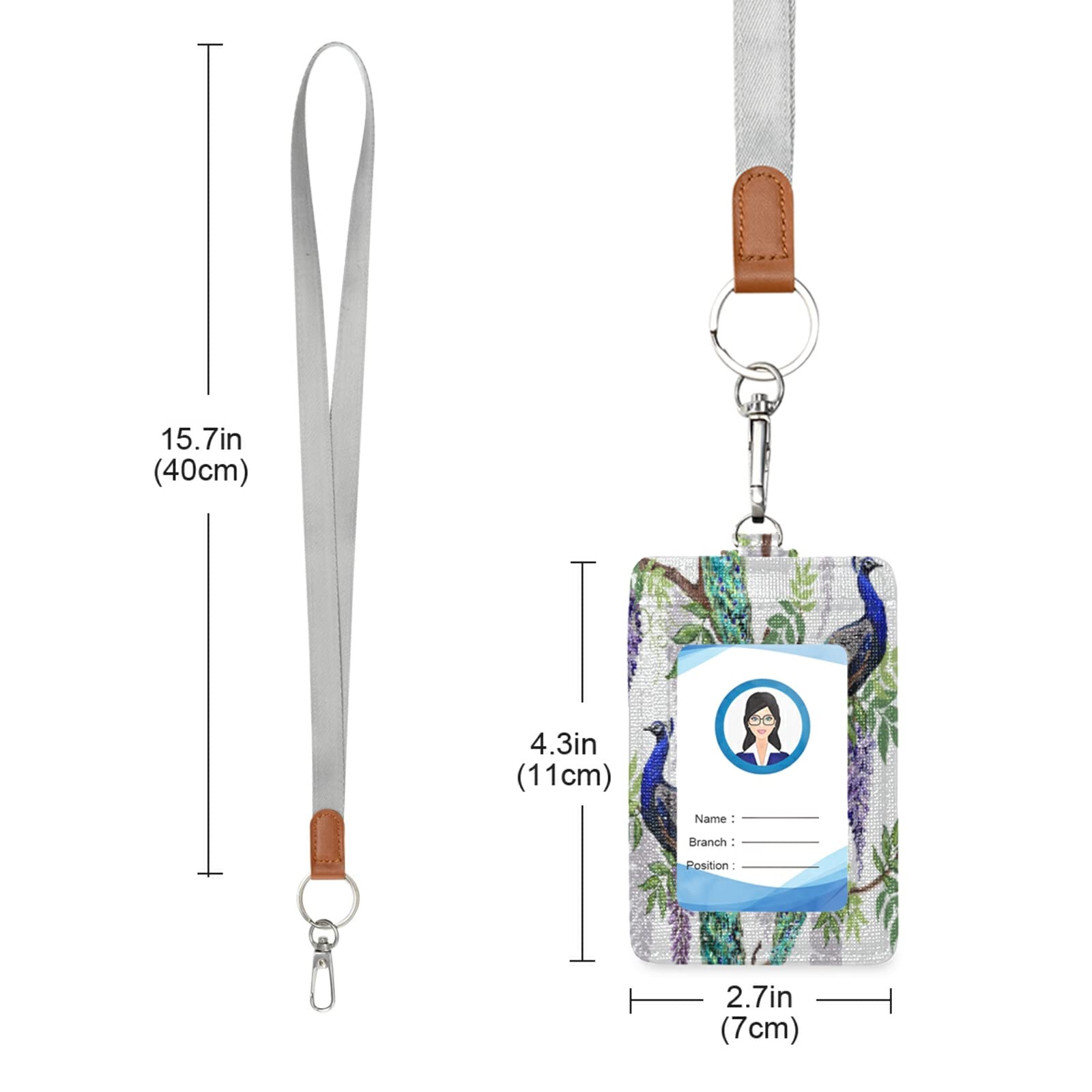 Vertical Leather ID Badge Holder with Lanyard - Wisteria Peacock Design for Office & School Staff