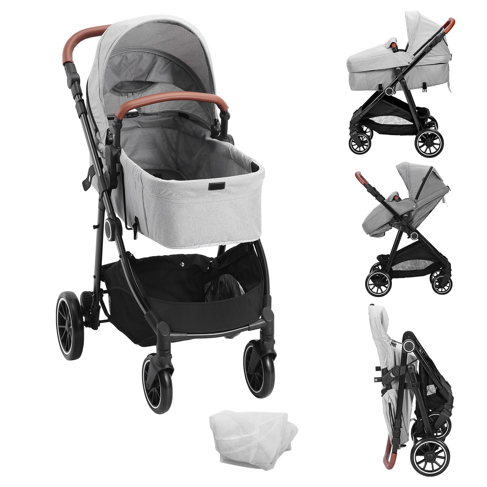 VEVOR Standard Baby Stroller with Bassinet - 3-Position Adjustable Reversible Seat, Foldable Lightweight Design, Carbon Steel Frame & Mesh Net Cover - Perfect for Newborns to Toddlers (Light Grey) | Ideal for Daily Walks, Shopping & Travel
