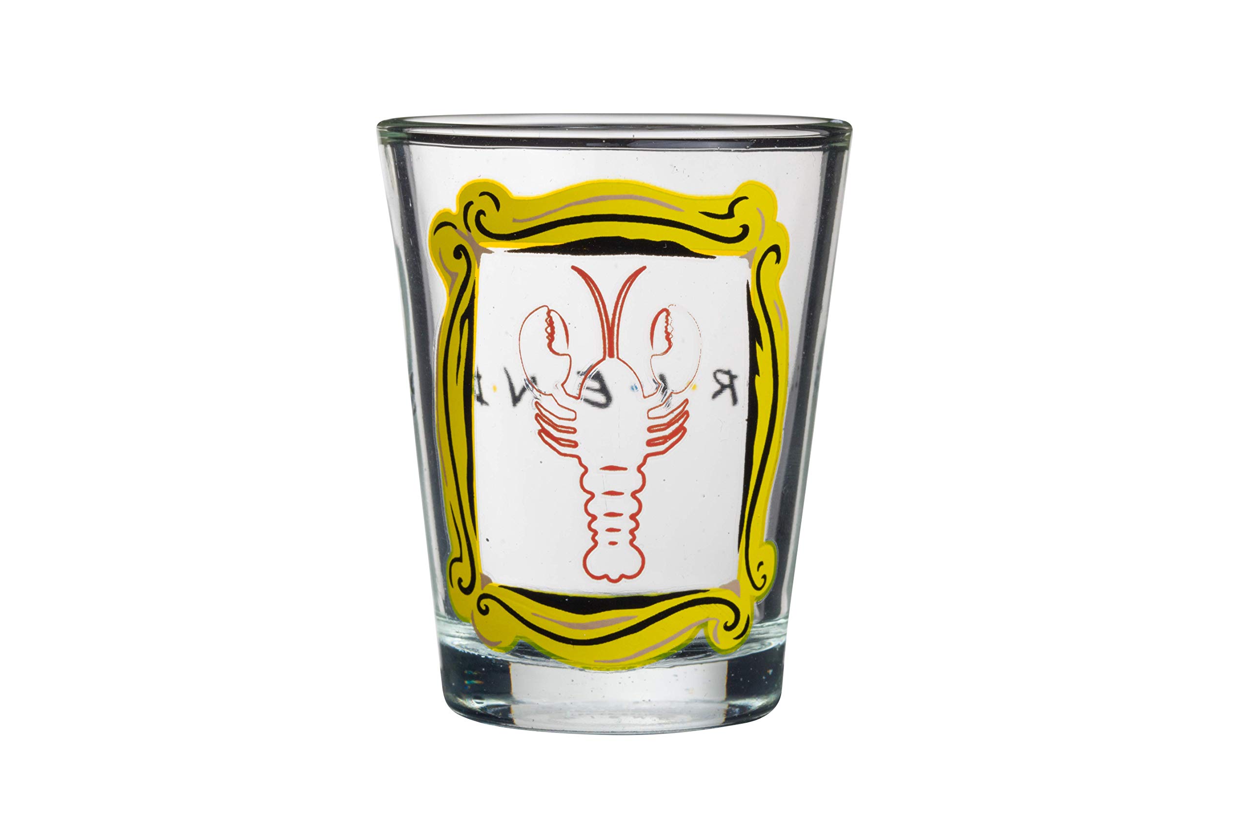 Friends TV Show Mini Glasses 4-Pack – Iconic Lobster, Smelly Cat, Regina Phalange & Central Perk Couch Designs in Yellow Frame (1.5 oz) – Perfect for Themed Parties, Collectibles & Fan Gifts