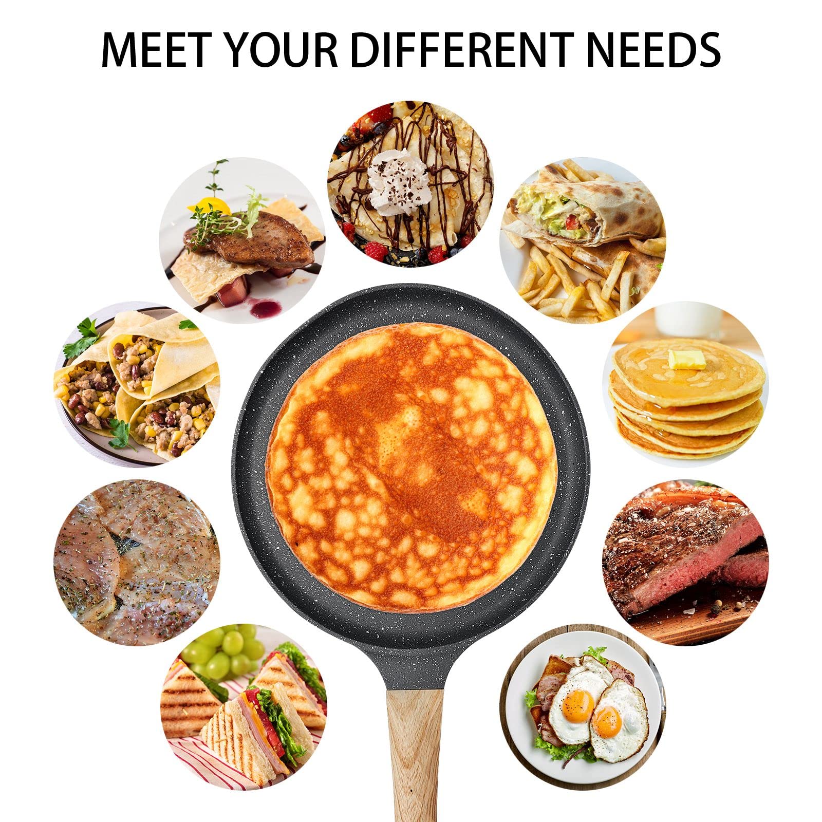 11 Inch Nonstick Skillet Pan - PFOA Free Die-Cast Aluminum Crepe & Dosa Pan - Perfect for Pancakes, Omelettes, Tortillas & Eggs (Includes Food Clip) - Ideal for Breakfast, Brunch & Indian Cooking