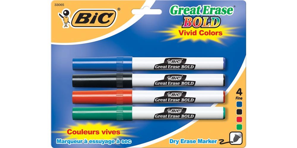 BIC DECFP41ASST Bold Pocket-Style Dry Erase Markers - Fine Tip, Assorted Colors, 4-Pack - Perfect for Office, Classroom & Home Whiteboard Use