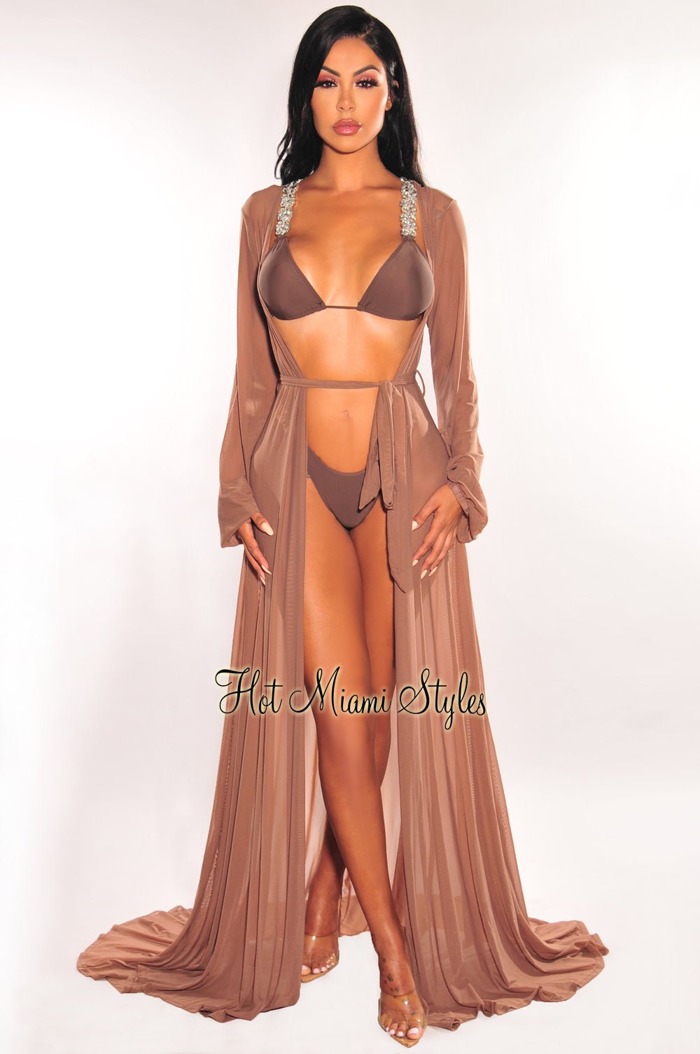 Stylish Toffee Mesh Long Sleeve Belted Maxi Cover Up Dress - Perfect for Beach, Poolside, and Summer Outings
