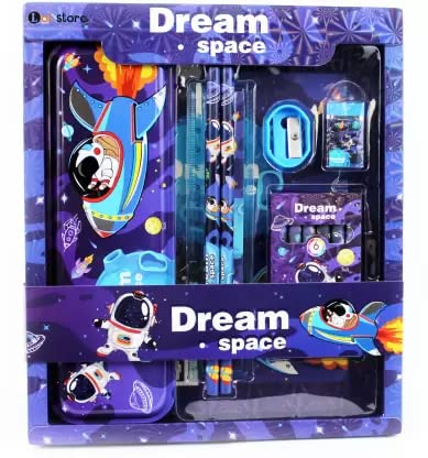 Karic Space Design 6-in-1 Printed Stationery Gift Set for Kids - Includes Pencil Box, Colored Pencils, Eraser, Ruler & Sharpener | Perfect Birthday Present for Boys & Girls | Ideal for School, Art Projects & Creative Learning