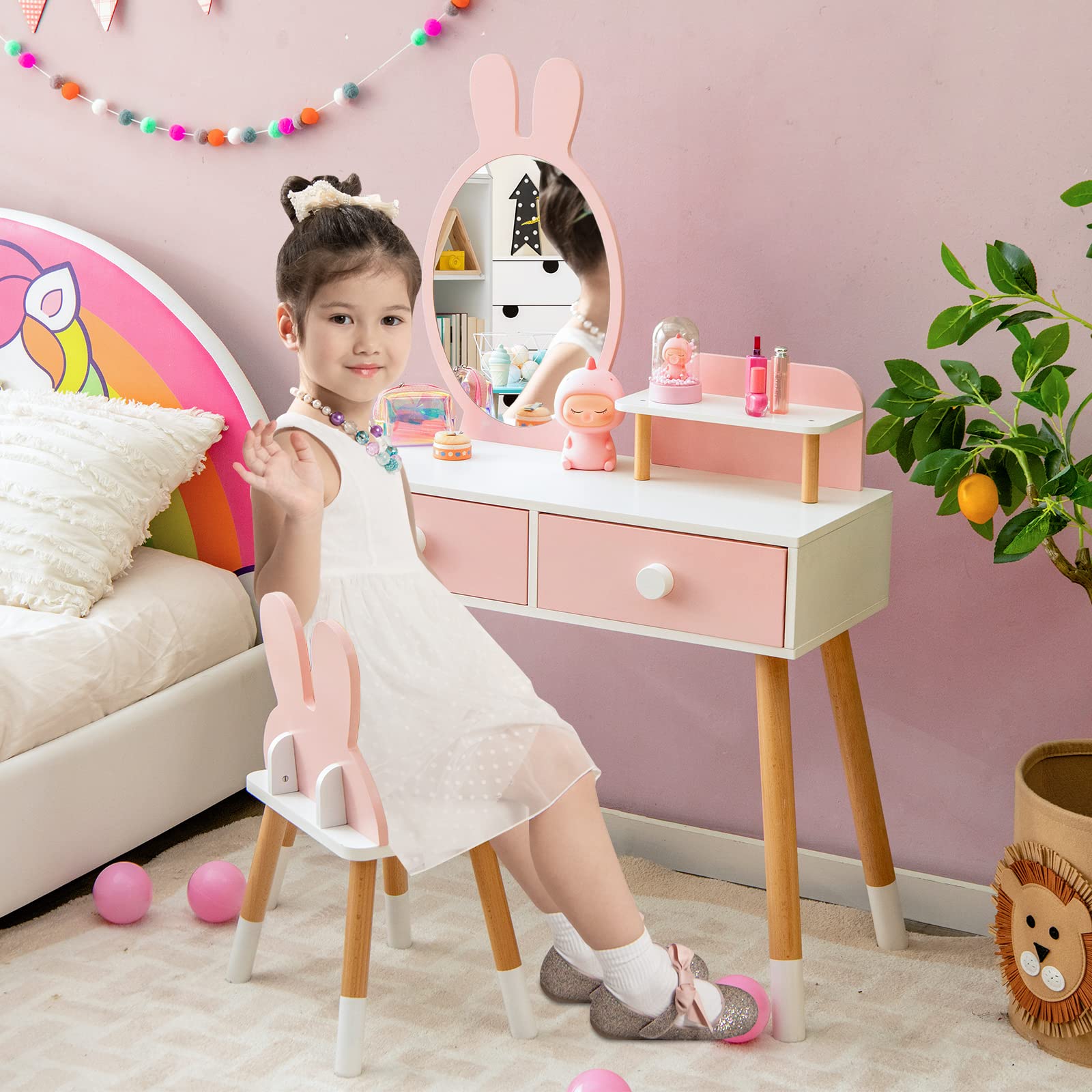 GLACER Kids Vanity Table and Chair Set for Girls - Pink Makeup Dressing Table with Removable Mirror, 2 Large Drawers & Storage Shelf | Sturdy Beech Wood Legs | Perfect for Toddlers Bedroom, Playroom & Birthday Gifts
