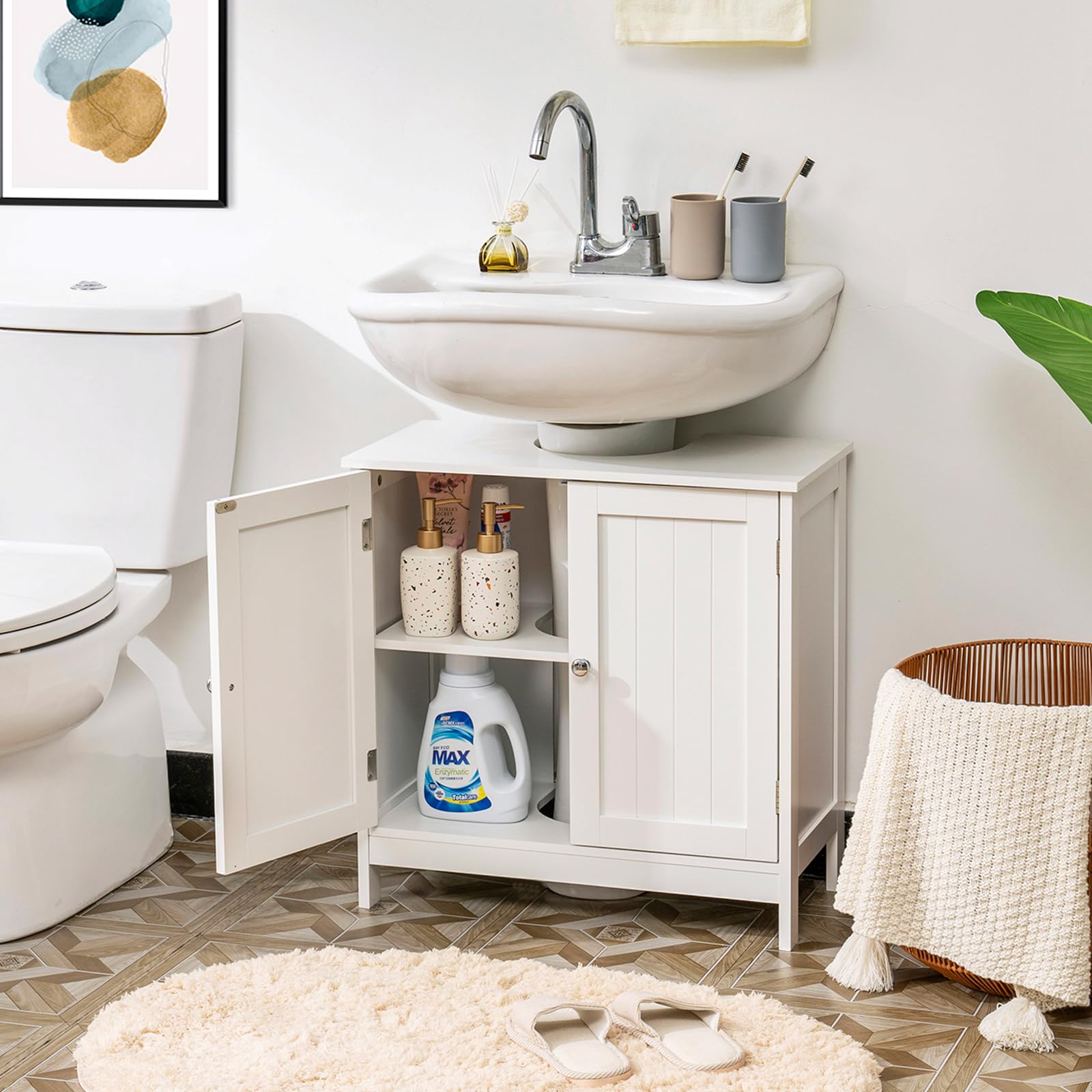 Iwell White U-Shaped Pedestal Sink Storage Cabinet with 2 Doors & Shelf - Under Sink Bathroom Organizer for Small Spaces, Vanity Storage Solution - Perfect for Bathroom, Laundry Room, or Powder Room Organization