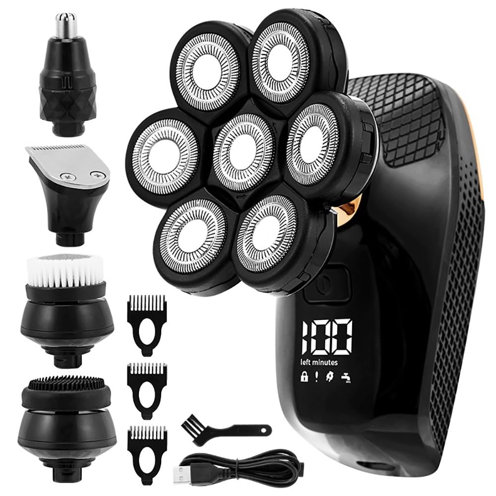 7D Floating Head Electric Razor for Bald Men - 5-in-1 Waterproof Head Shaver with 7 Independent Cutters, USB Rechargeable - Perfect for Travel, Gym & Daily Shaving Routine