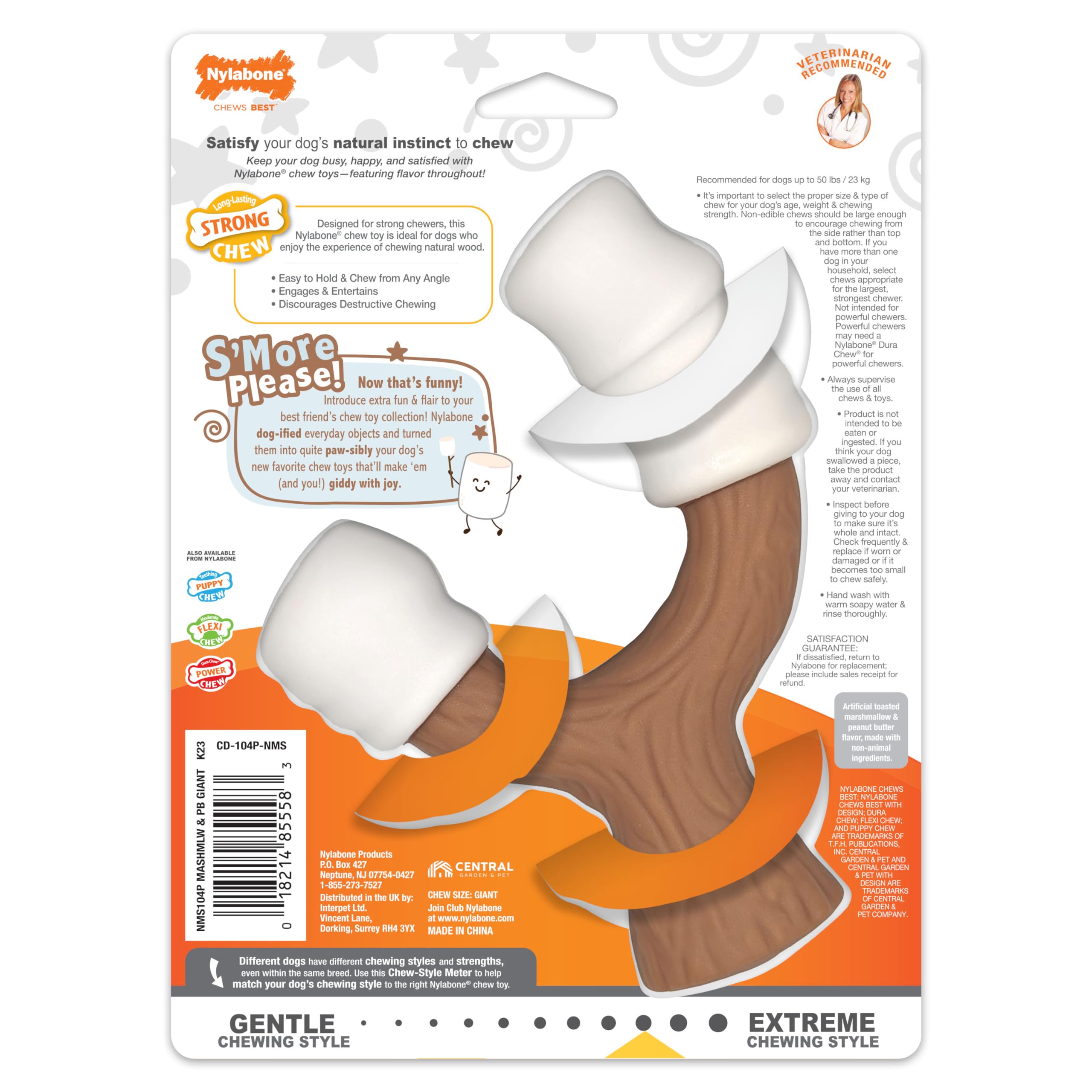 Nylabone Marshmallow Stick Durable Dog Chew Toy for Moderate & Aggressive Chewers - Peanut Butter & Marshmallow Flavored Large Dog Bone (Up to 50 lbs) - Perfect for Teething, Boredom Relief, and Dental Health