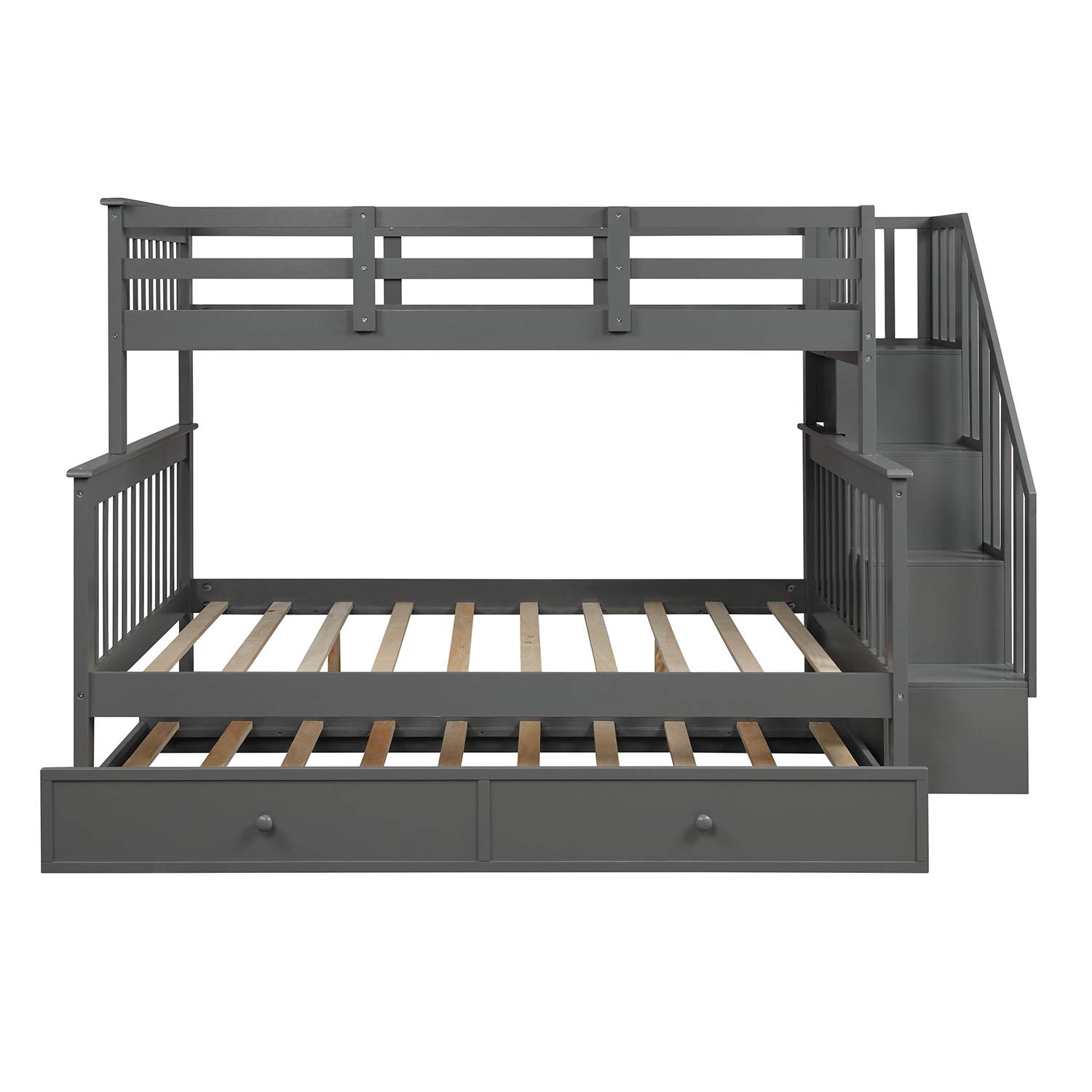 Solid Wood Twin-Over-Full Bunk Bed with Trundle, Storage & Safety Rail - Space-Saving Kids Bedroom & Dorm Furniture for Siblings or Sleepovers (Gray)
