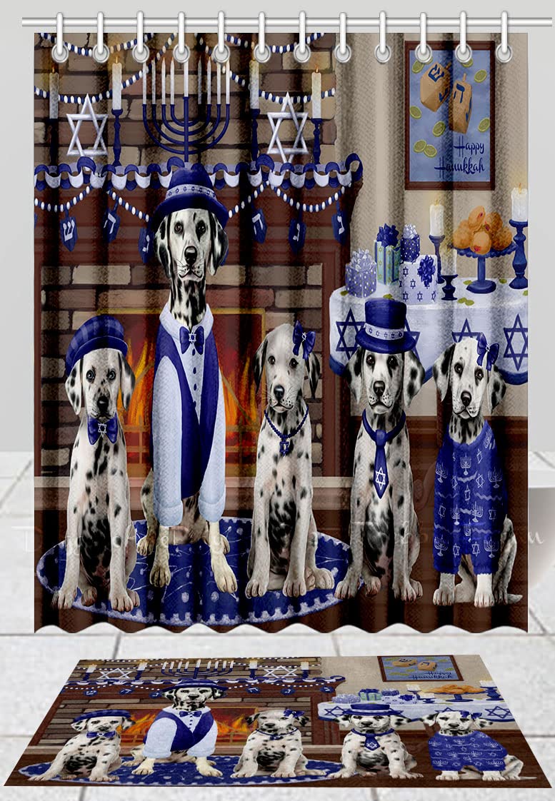 Happy Hanukkah Dalmatian Dog Bath Mat & Shower Curtain Set - Non-Slip Bathroom Decor, Plush Rug & Polyester Curtain with Hooks (Mat 16