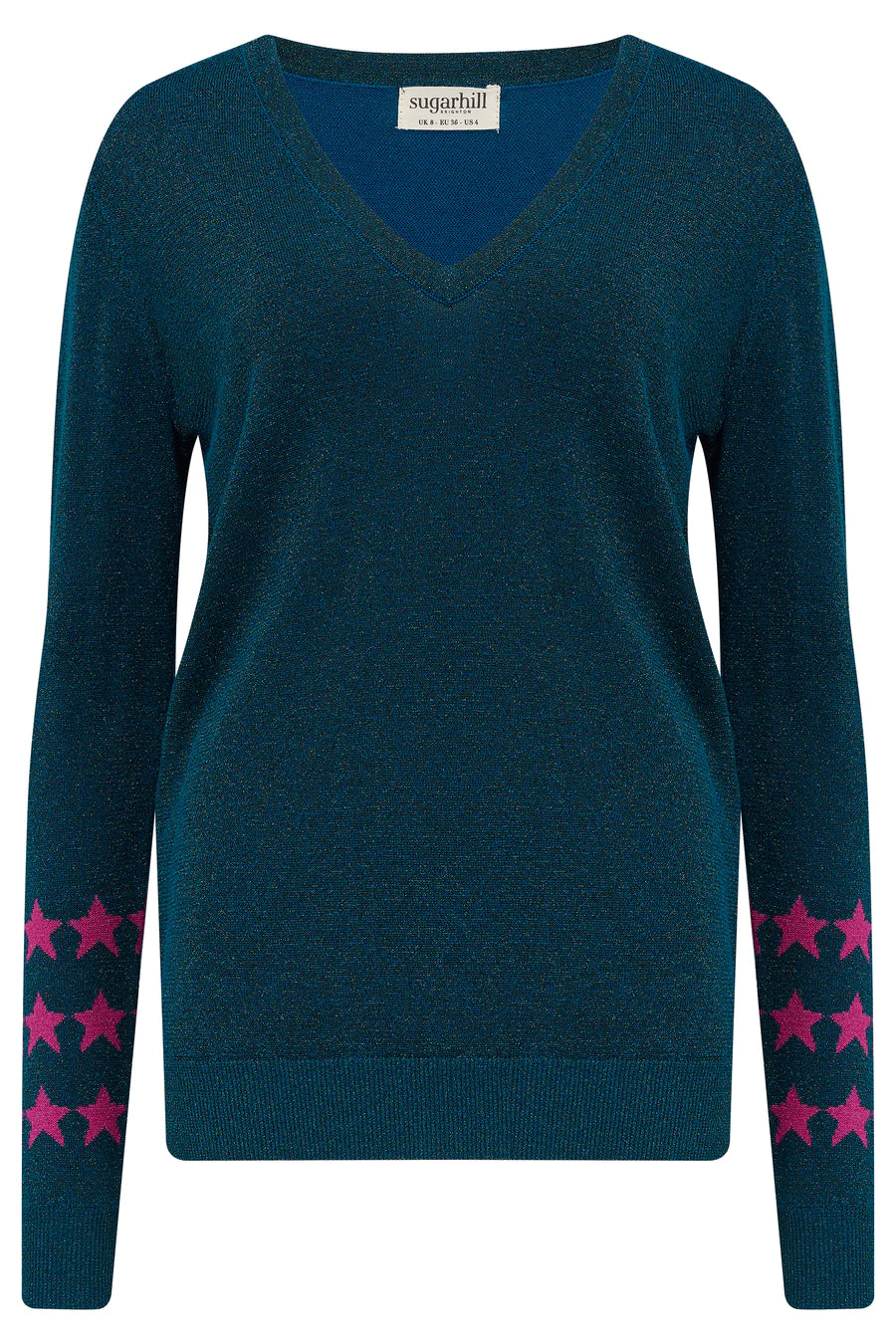 Marcella V Neck Jumper Sweater for Women - Teal & Starlight Color Block Pullover - Cozy Winter Knitwear for Casual Outfits & Office Wear