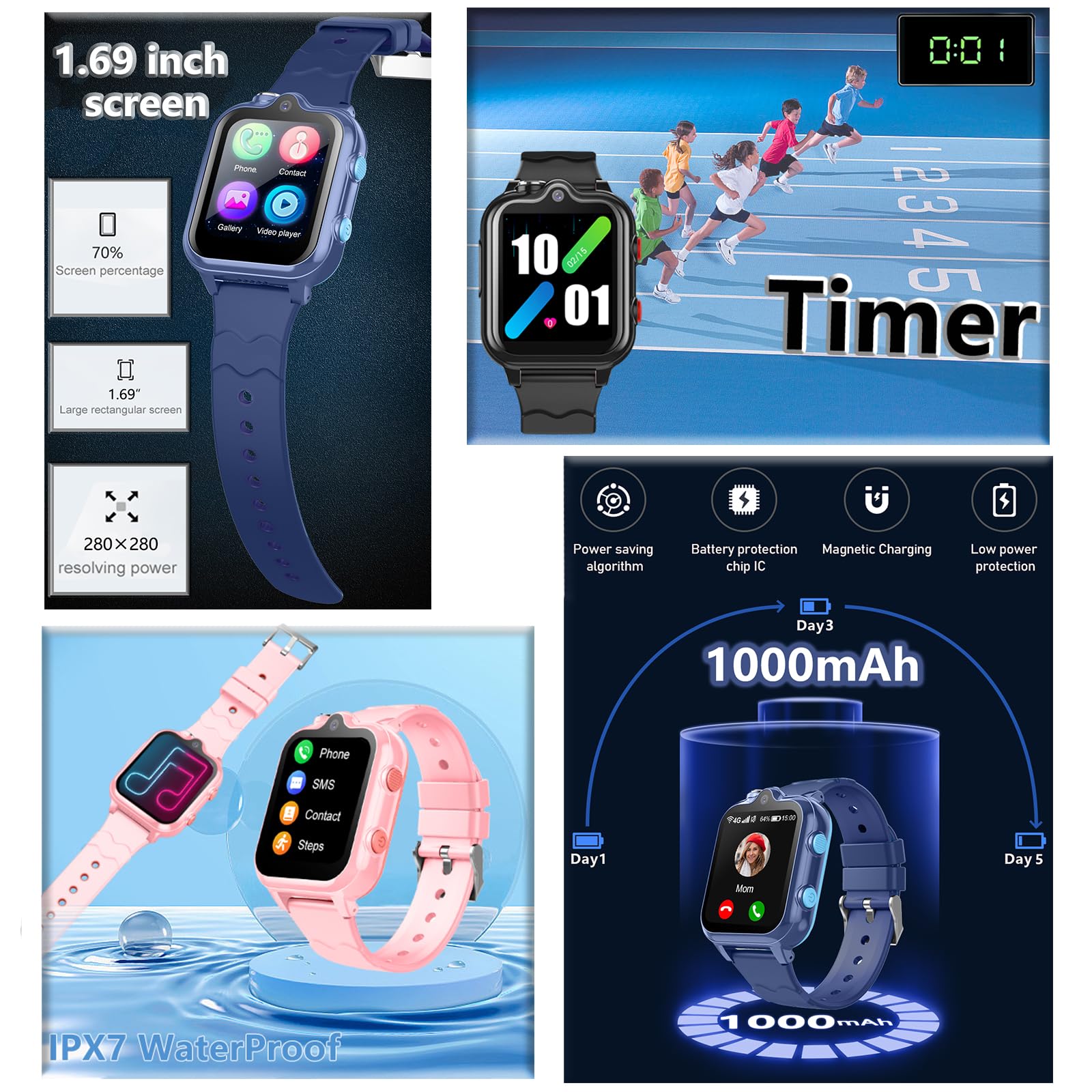 **4G Kids Smart Watch with Phone Calling & Text Messaging - WiFi, Video Chat, Bluetooth, Pedometer, Alarm - Waterproof Wrist Watch for Boys & Girls Ages 4-16 - Perfect Birthday Gift for School, Outdoor & Safety Tracking**