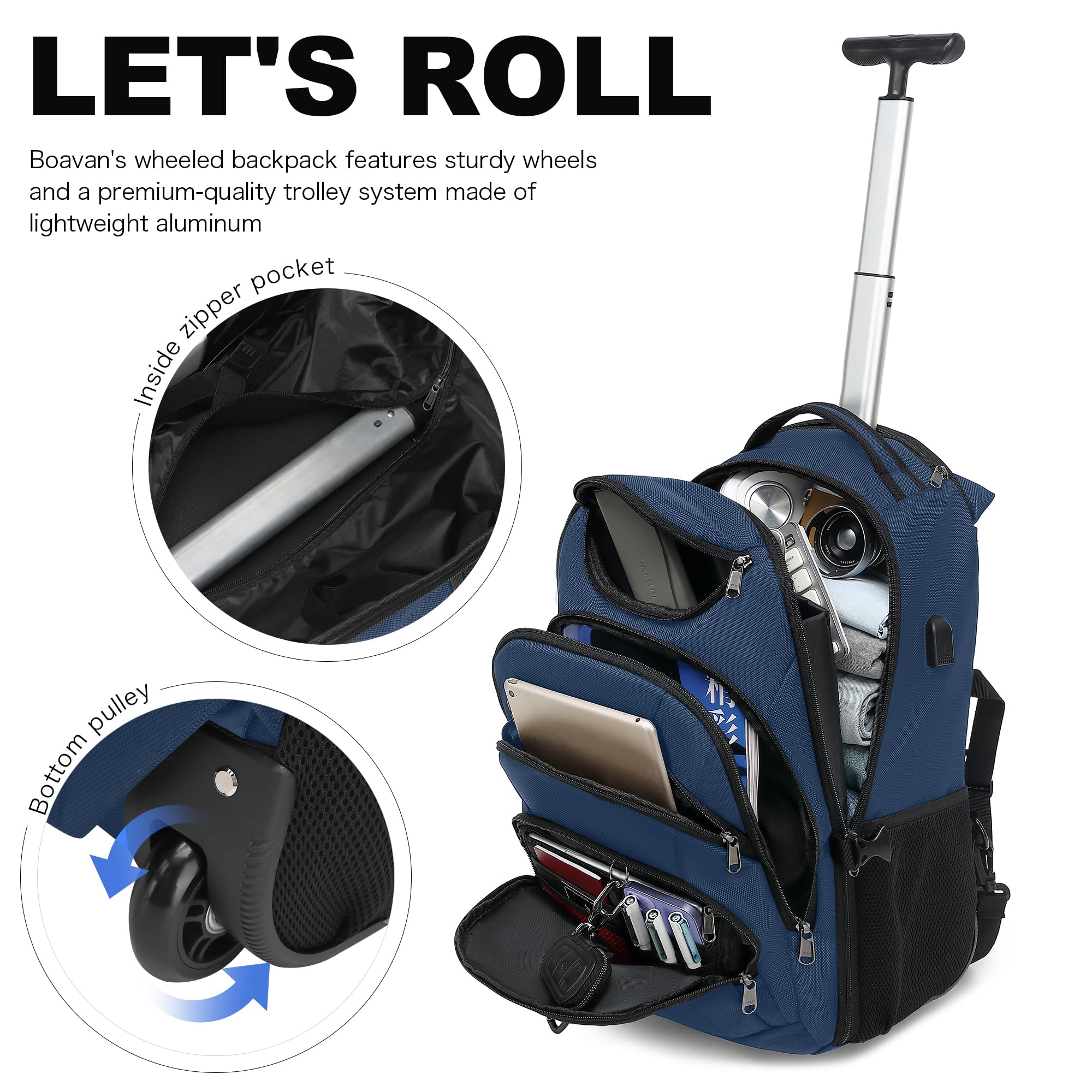 Boavan 17 Inch Rolling Backpack - Water Resistant Wheeled Carry On Luggage with Laptop Compartment | Business Travel Backpack for College, Work & Overnight Trips | Durable Trolley Suitcase for Men & Women (Black) - Perfect for Air Travel, Commuting & Campus Use