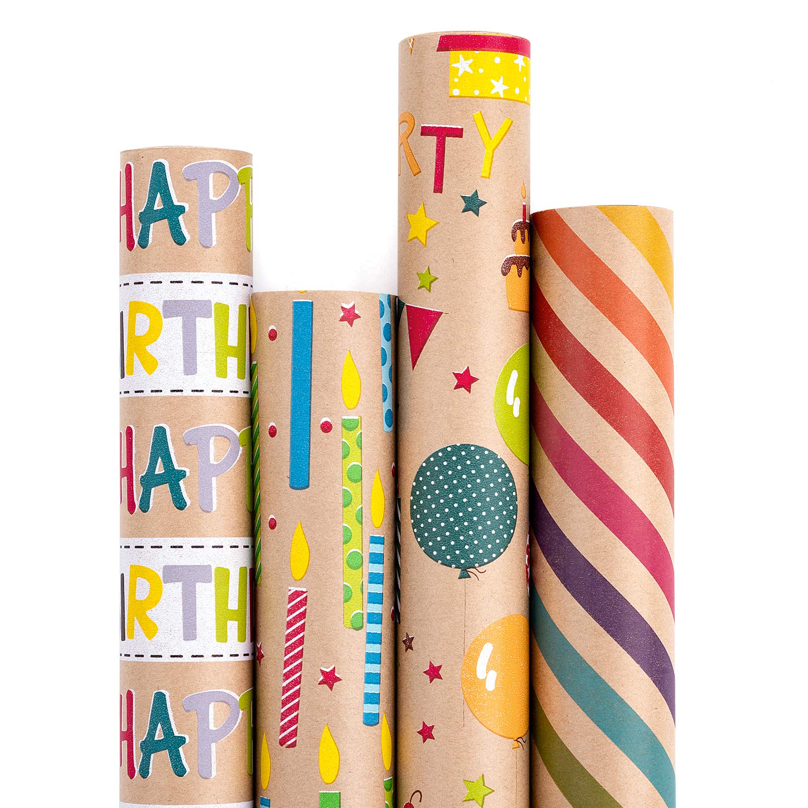 Colorful Kraft Wrapping Paper for Birthdays - 4 Rolls (30