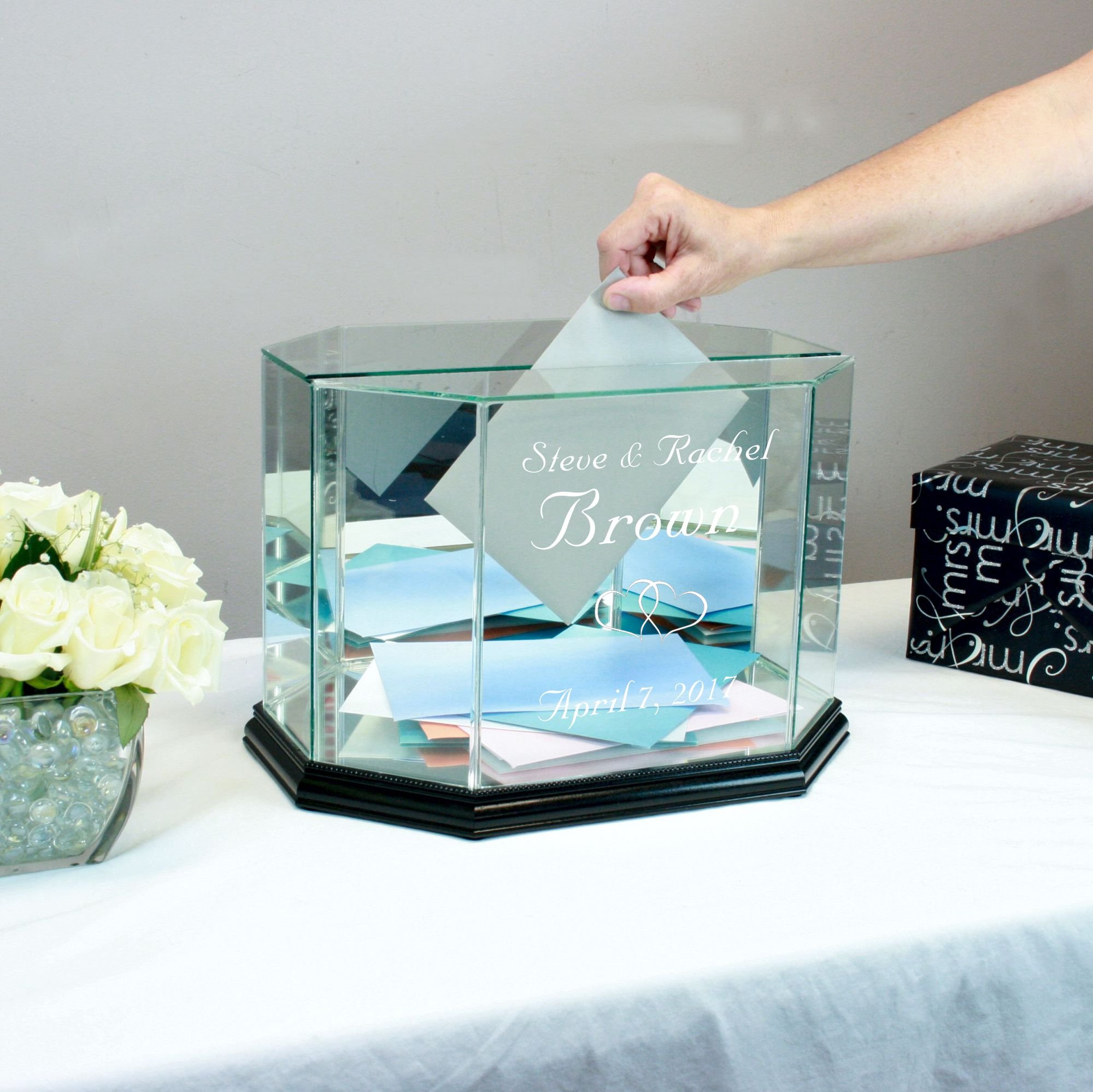 Personalized Black Octagon Glass Wedding Card Box - Elegant Gift Box for Wedding, Bridal Shower, Anniversary & Special Events