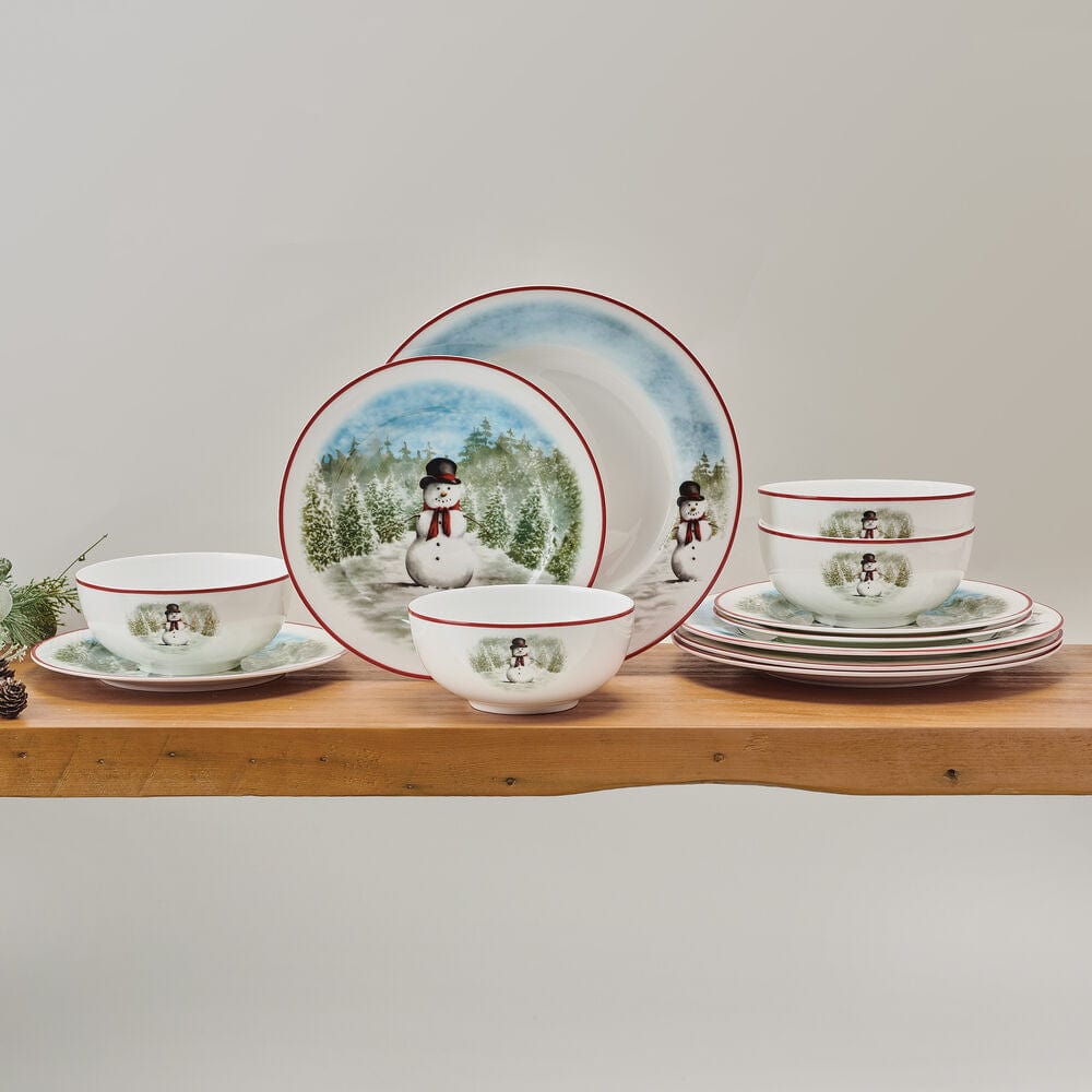 Snowman Enchantment 12-Piece Dinnerware Set - Service for 4 People - Holiday Tableware for Christmas Dinner, Winter Parties & Festive Gatherings