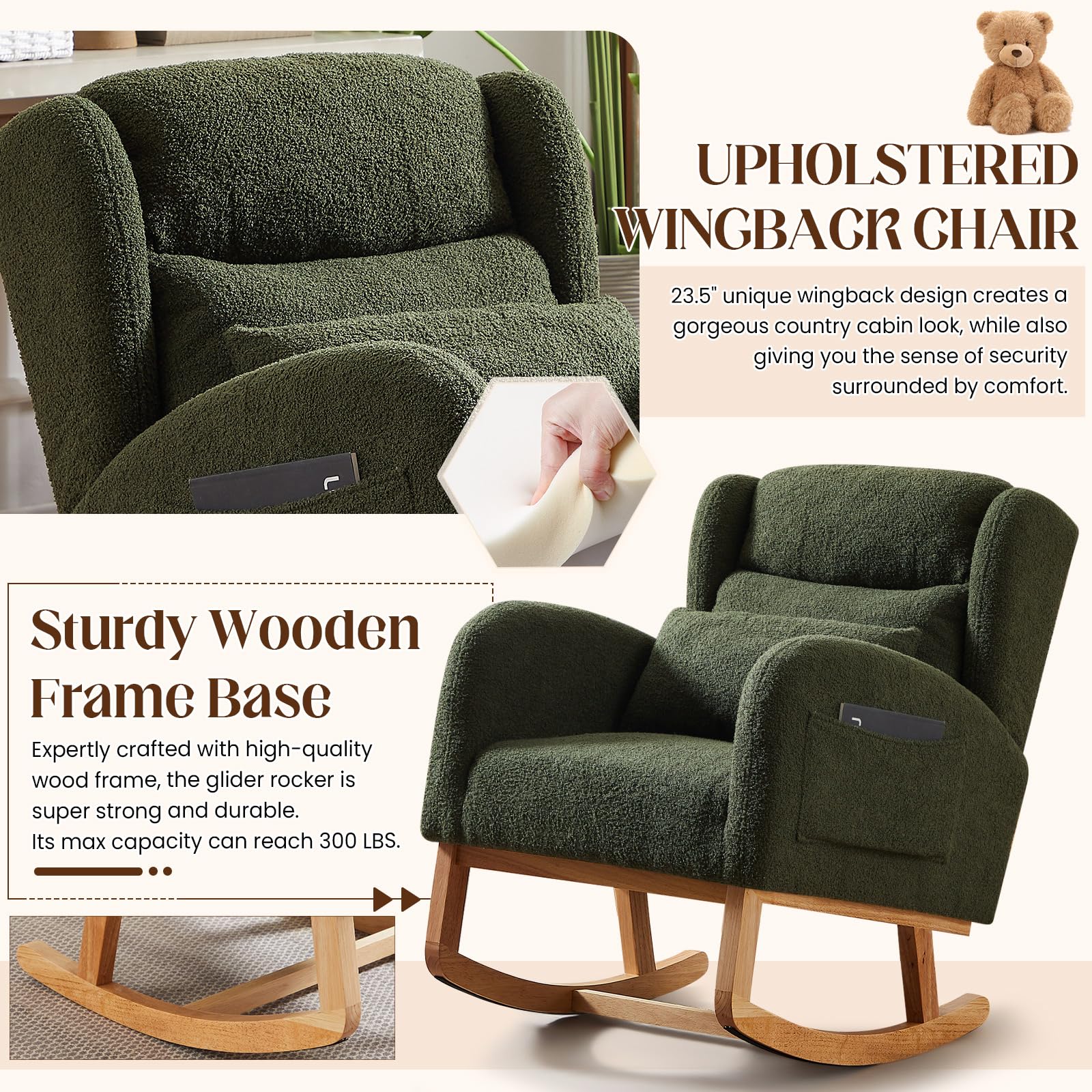 Antetek Modern Rocking Chair - High Back Teddy Upholstered Nursery Rocker with Lumbar Support, Wingback Accent Armchair for Living Room, Bedroom & Nursery (Green) | Perfect for Nursing, Reading & Relaxing