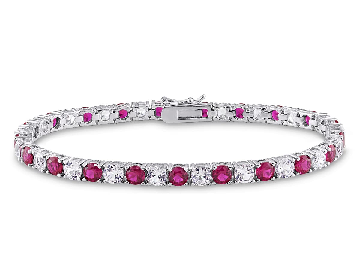 14.50 Carat (ctw) Lab-Created Ruby & White Sapphire Sterling Silver Bracelet - 7.25 Inch Adjustable for Women - Perfect for Weddings, Anniversaries & Special Occasions