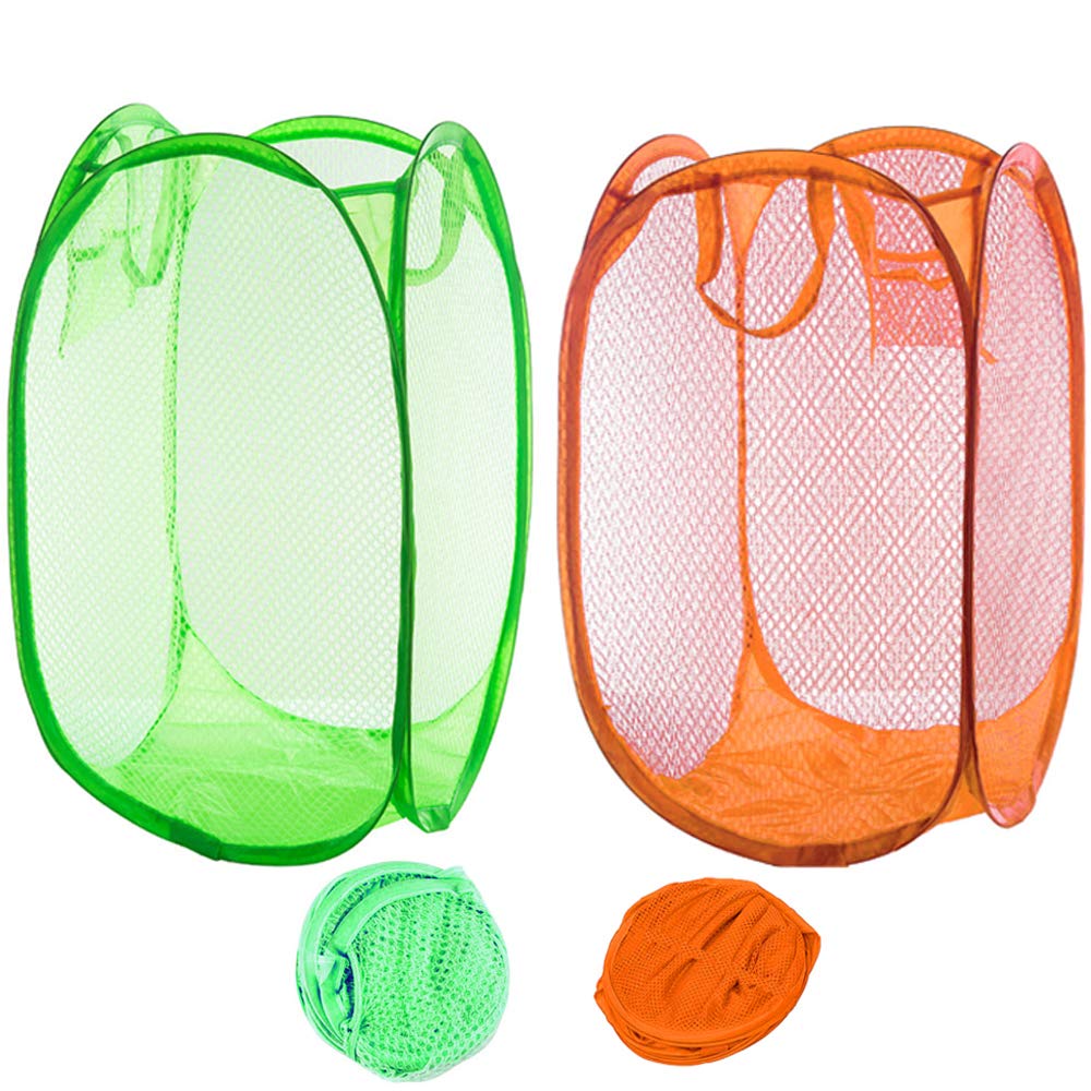 Qtopun Foldable Mesh Laundry Hamper, 2-Pack Portable Clothes Basket for Bedroom, Kids Room, College Dorm & Travel - Green & Orange | Space-Saving Storage Solution for Home Organization