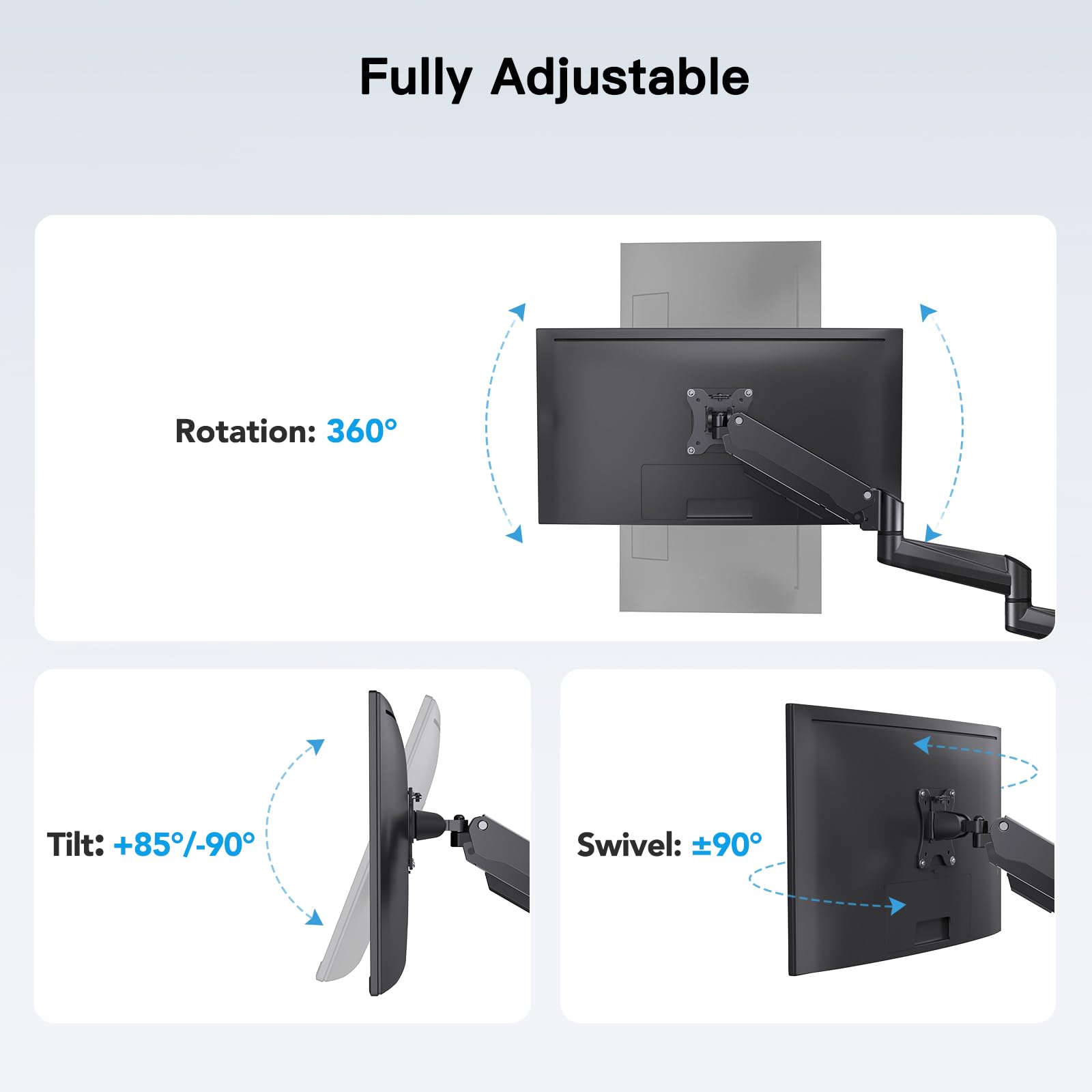 HUANUO Triple Monitor Stand for 17-32 Inch Screens - Adjustable Gas Spring Arm with Swivel, Tilt & Rotation - Heavy Duty Clamp & Grommet Mounting Kit (Black) - Perfect for Gaming, Office & Home Workstations