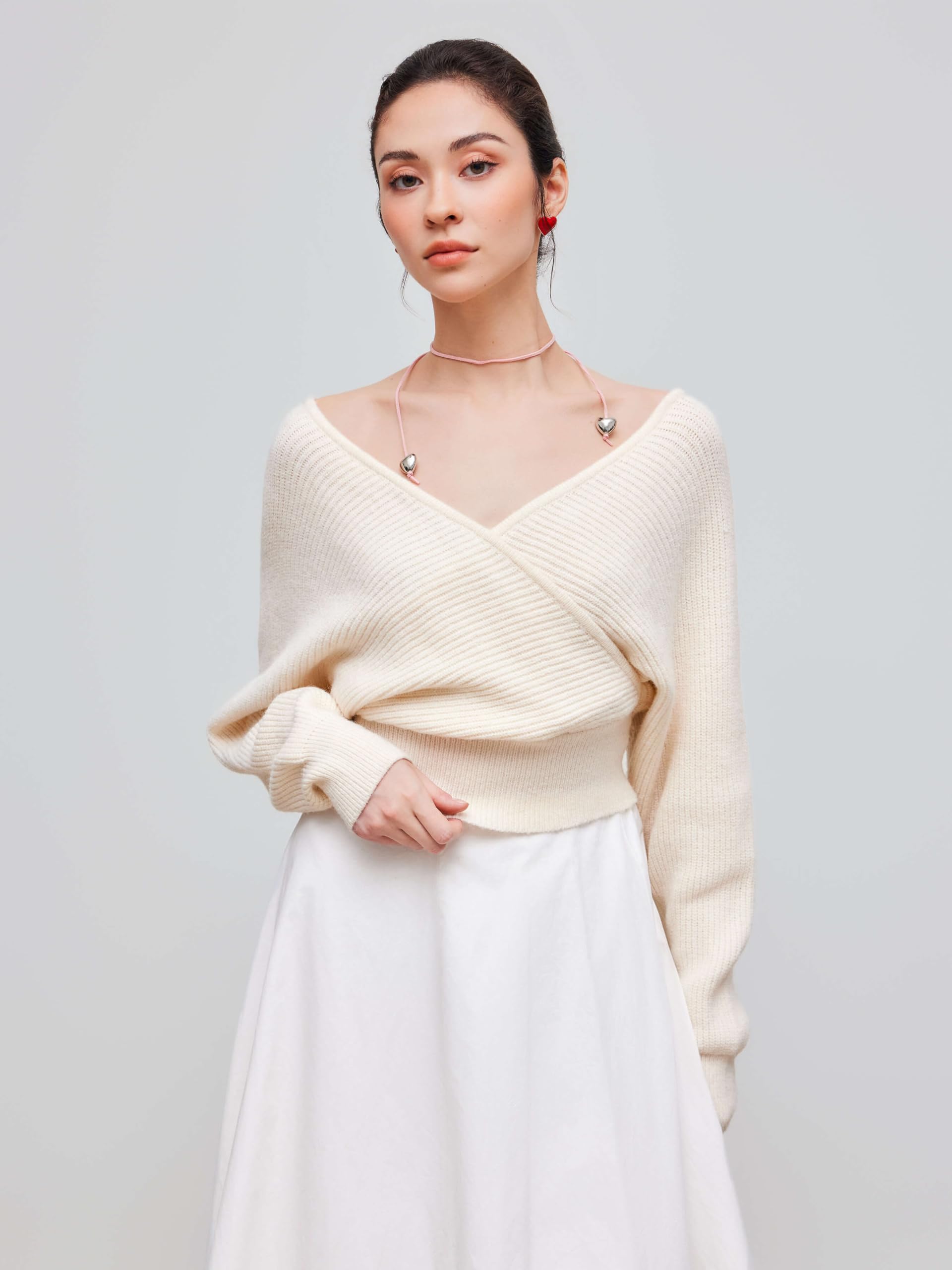 CIDER Women's V-Neck Wrap Front Cropped Sweater - Solid Knit Pullover Long Sleeve Top for Casual Outfits & Layering | Perfect for Fall & Winter Fashion