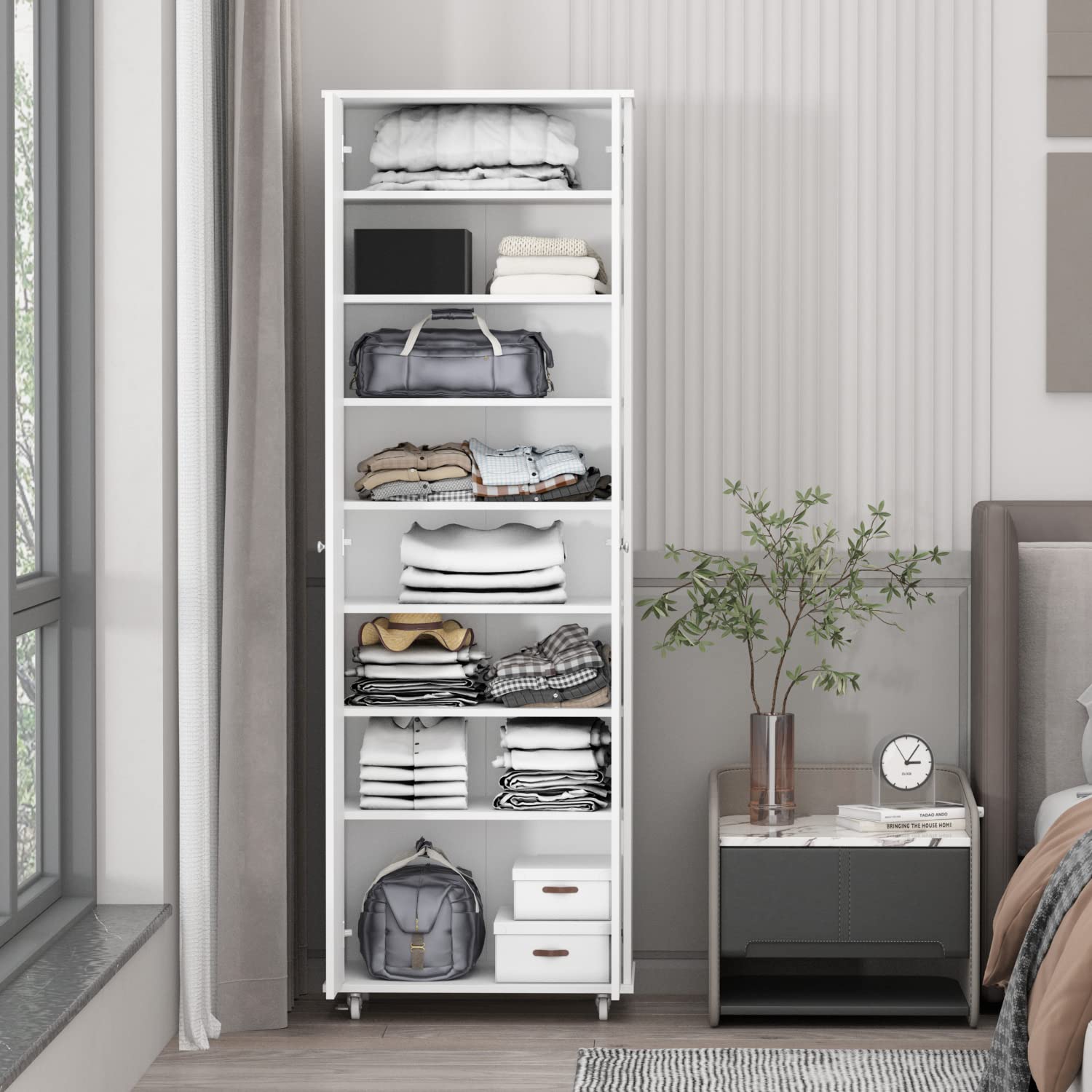 Hitow Large Shoe Cabinet with Wheels - Wooden 2 Door Tall Shoe Storage Organizer with 7 Adjustable Shelves - White Shoe Rack for Office, Home, Garage - Perfect for Entryway, Closet & Mudroom Organization