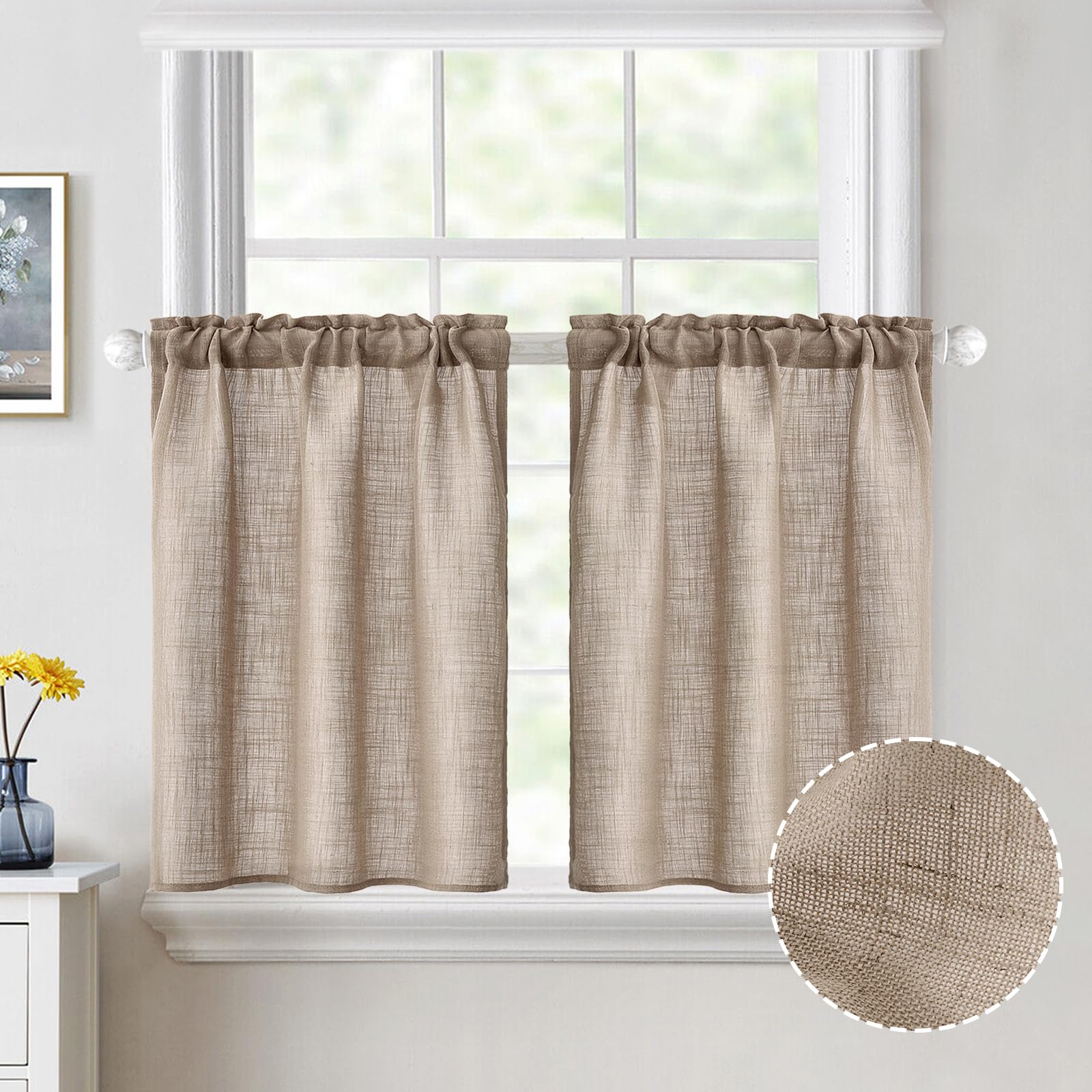 MIULEE Semi-Sheer Cafe Curtains 30 Inch Length - Rustic Linen Kitchen Window Curtains for Over Sink, Bathroom & Basement - Rod Pocket Tier Curtains 2 Panels (26x30 Inches, Taupe) - Perfect for Farmhouse, Cottage & Country Style Homes
