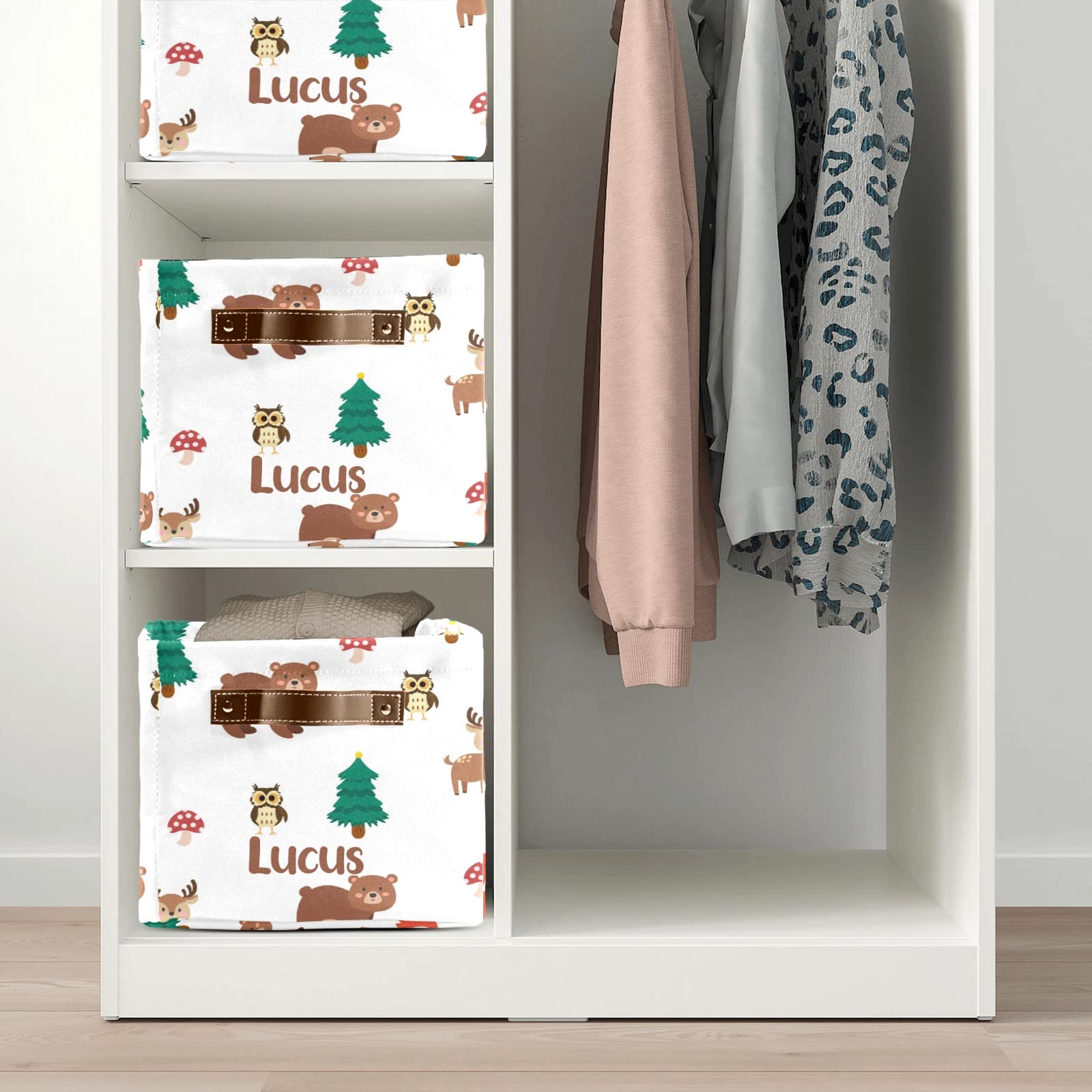 Personalized Large Storage Baskets with Handle - Jungle Animal Deer Bear Fox Design for Organizing Shelves, Closet & Home Decor | Perfect for Bathroom, Nursery, Kids Room & Bedroom Storage | 1 Pack