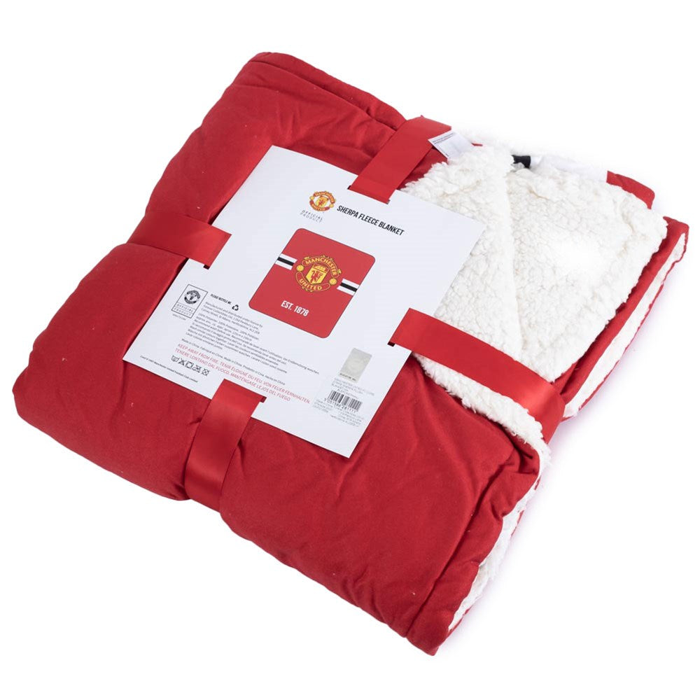 Manchester United Core Striped Sherpa Fleece Blanket - Soft & Warm Team Logo Throw for Football Fans - Perfect for Game Nights, Bedroom & Living Room Decor