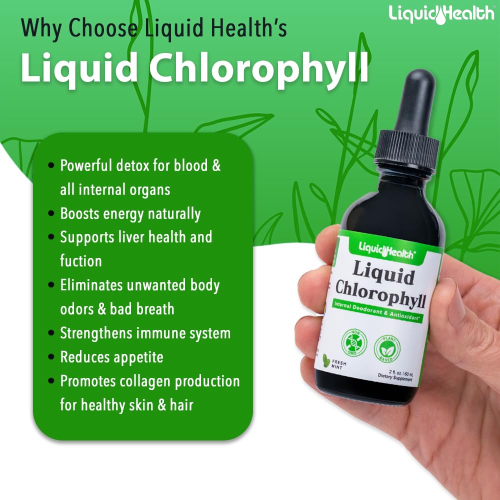 LIQUIDHEALTH Liquid Chlorophyll Drops - Natural Internal Deodorizer & Antioxidant Supplement for Liver Detox, Immune Support, Bad Breath Relief & Appetite Control - Promotes Hair, Skin & Collagen Health - Vegan, Non-GMO (2 Pack) - Perfect for Daily Wellness & Detox Routine