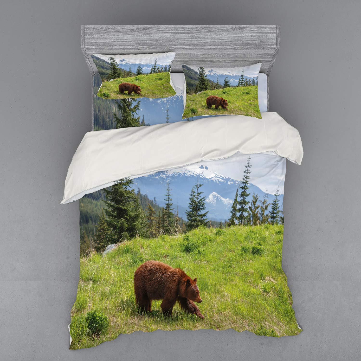 Ambesonne Bear Themed 4-Piece Queen Bedding Set - Wildlife Mountain Nature Duvet Cover with Shams & Fitted Sheet, Green Brown - Perfect for Cabin, Lodge, or Nature-Inspired Bedroom Decor