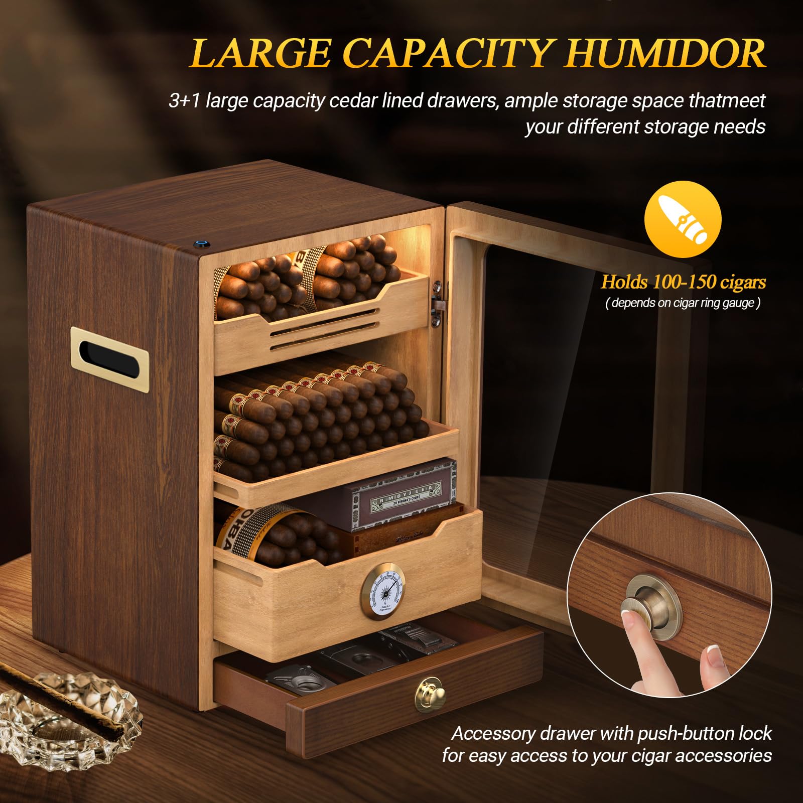 Premium Spanish Cedar Cigar Humidor Cabinet with LED Light & Hygrometer - 100-150 Cigar Capacity, Magnetic Door, 3+1 Large Drawers & 3 Humidifiers - Perfect for Home, Office, or as Luxury Gifts for Men (Whiskey & Cigar Enthusiasts)