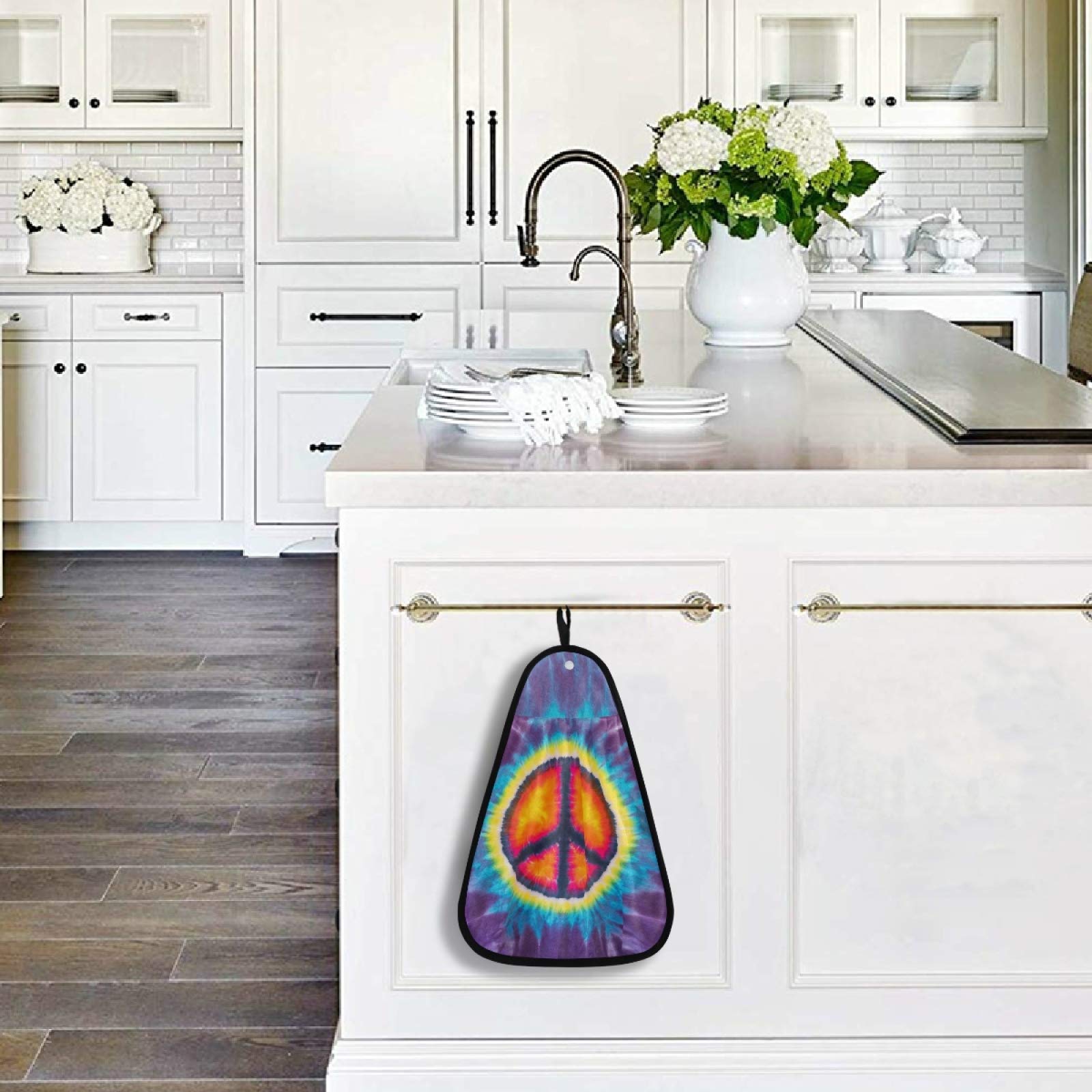 Visesunny Abstract Peace Sign Tie Dye Kitchen Dish Towel - Absorbent Cotton Hand Towel with Hanging Loop for Bathroom, Kitchen & Home Cleaning - Perfect for Drying Dishes, Wiping Counters & Decor