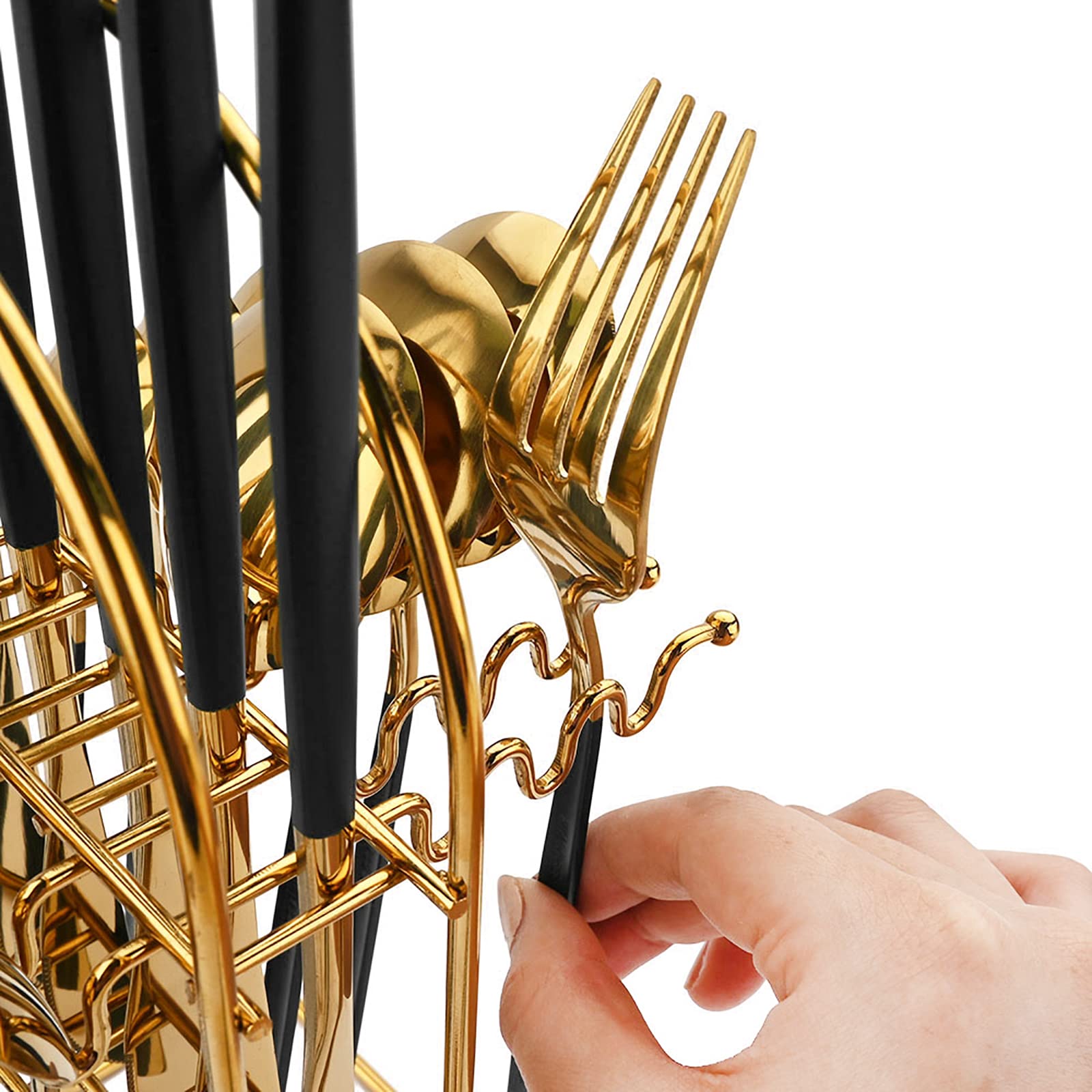 24-Piece Classic Flatware Set with Cutlery Stand - 18/0 Stainless Steel Mirror Finish Knife Fork Spoon Teaspoon Silverware Set in Gift Box - Service for 6 - Black Handle Gold - Perfect for Dining, Gifting & Home Decor